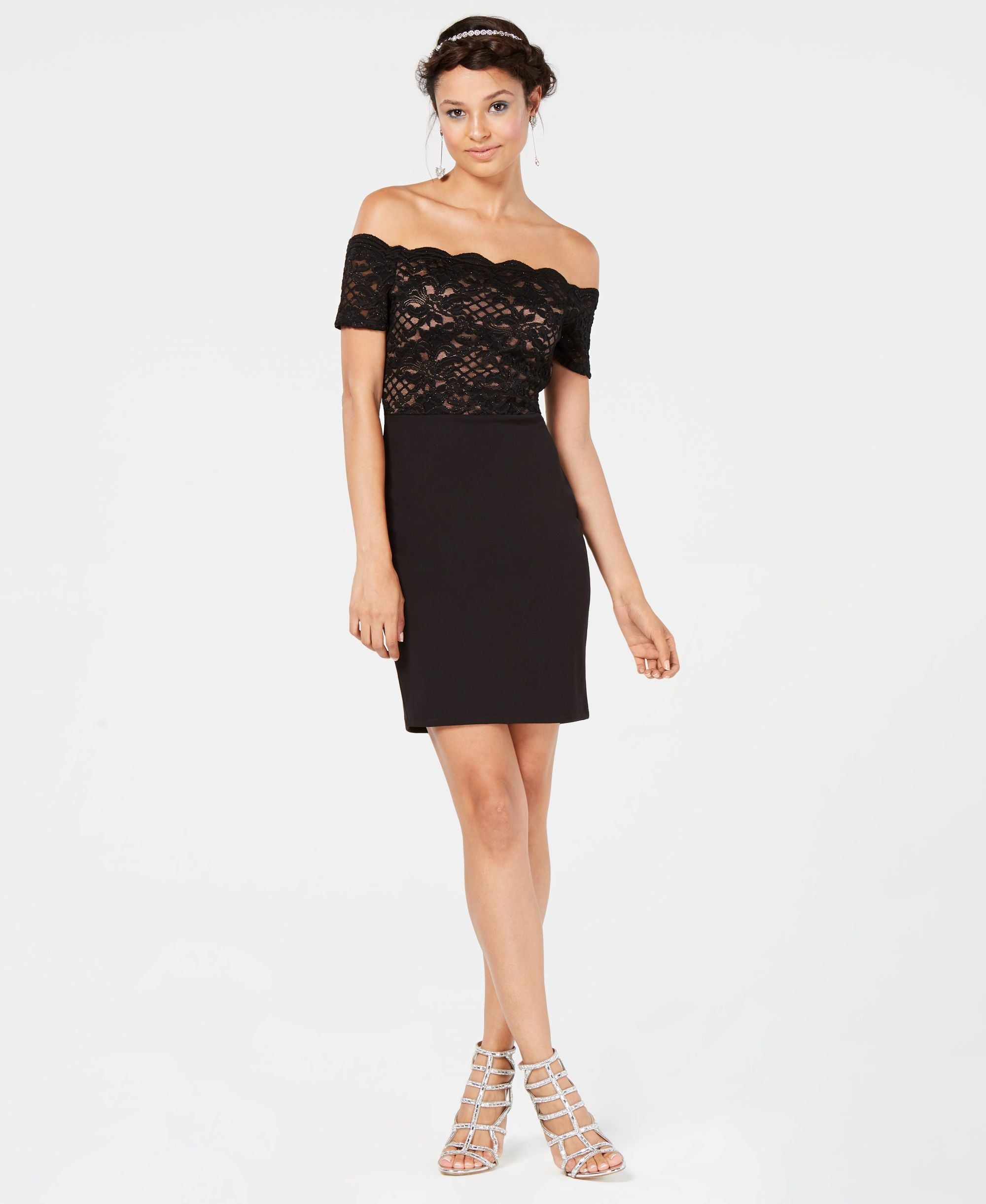 City Studios Juniors Glitter Lace Off The Shoulder Dress