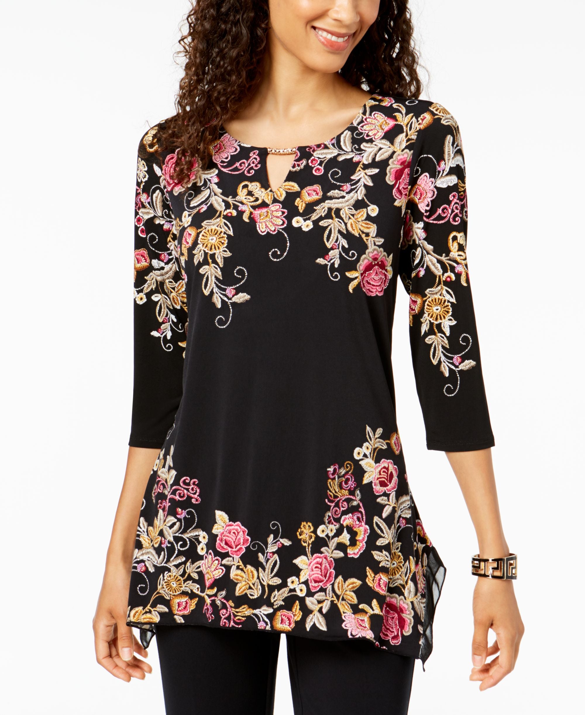 JM Collection Chain Trim Keyhole Printed Top