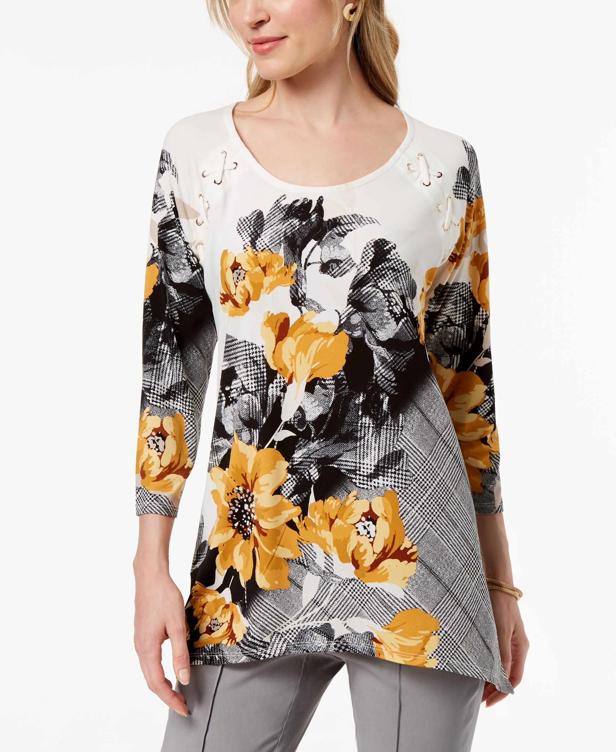 JM Collection Grommet Trim Mixed Print Tunic