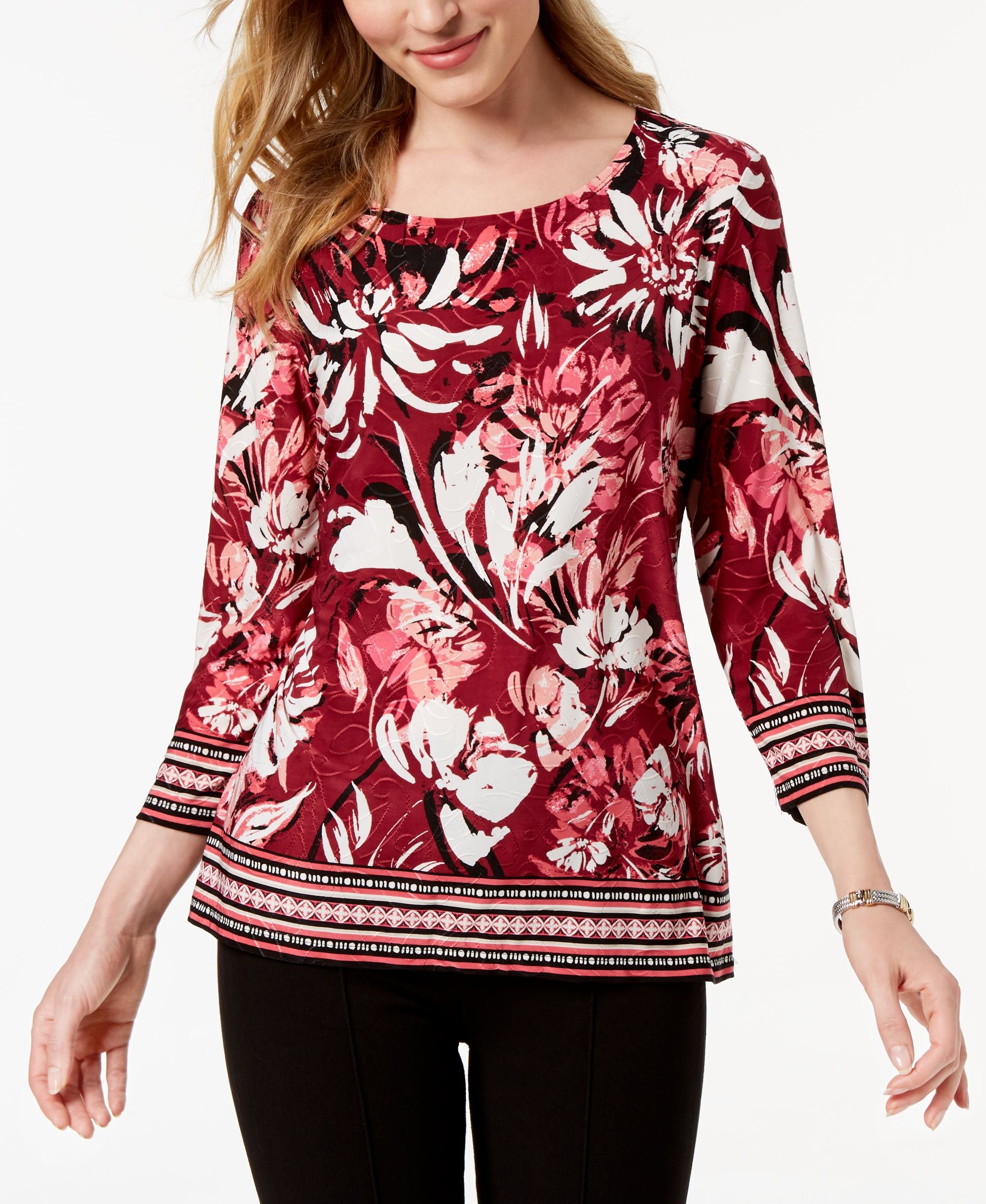 JM Collection 3/4 Sleeve Novelty Printed Jacquard Top