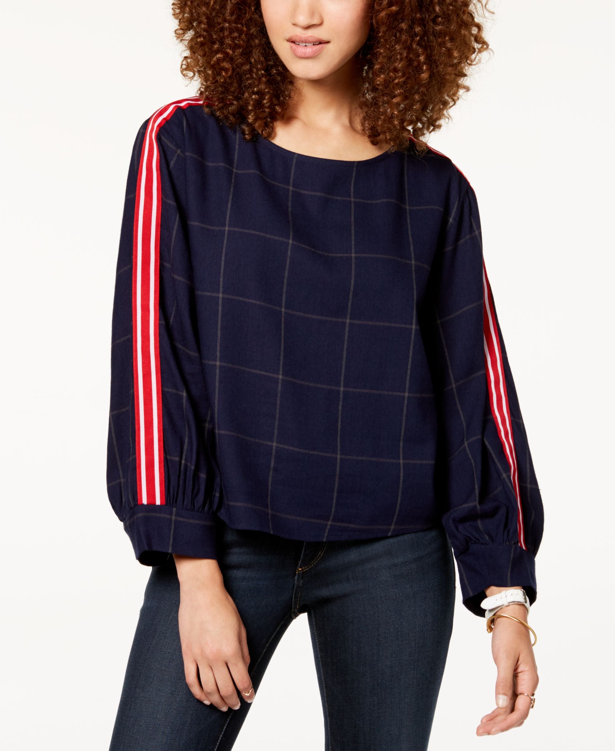 Juniors' Striped-Sleeve Top