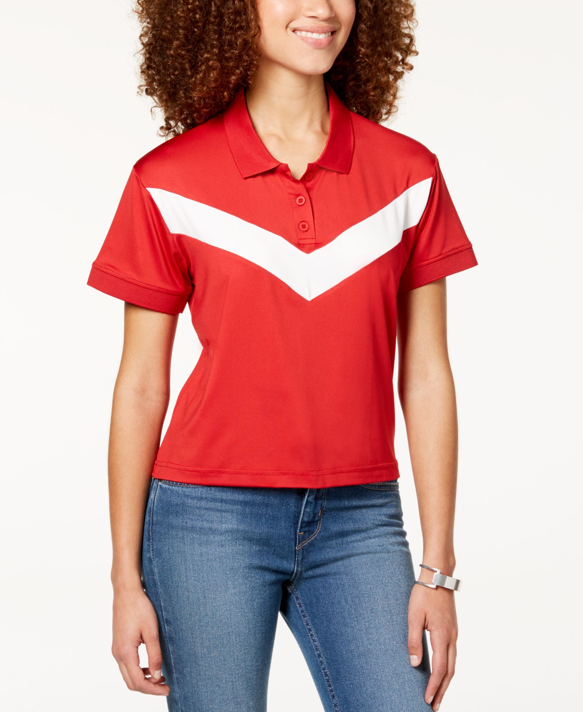 Almost Famous Juniors Cropped Chevron Stripe Polo
