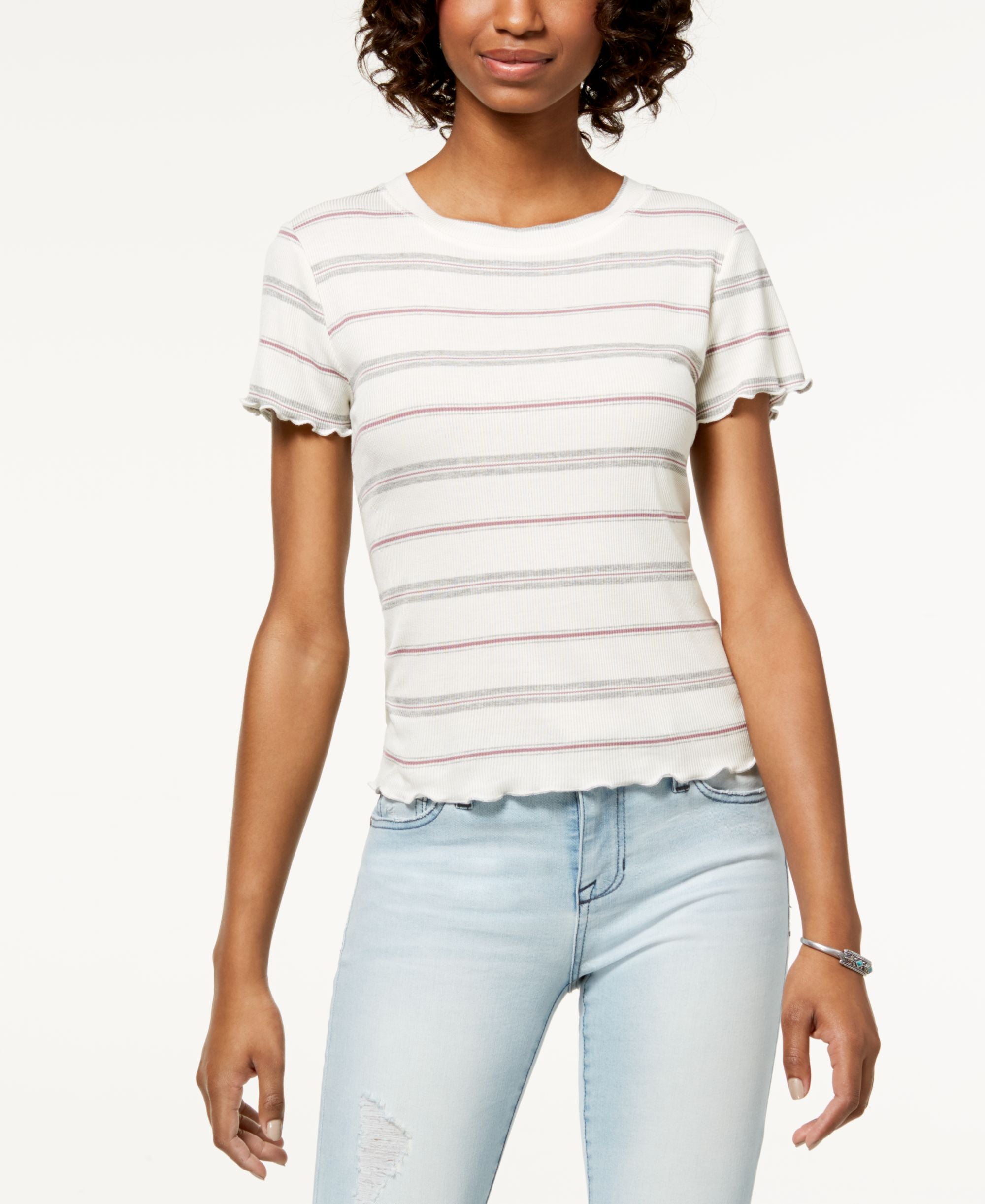 Juniors' Striped Lettuce-Edge T-Shirt