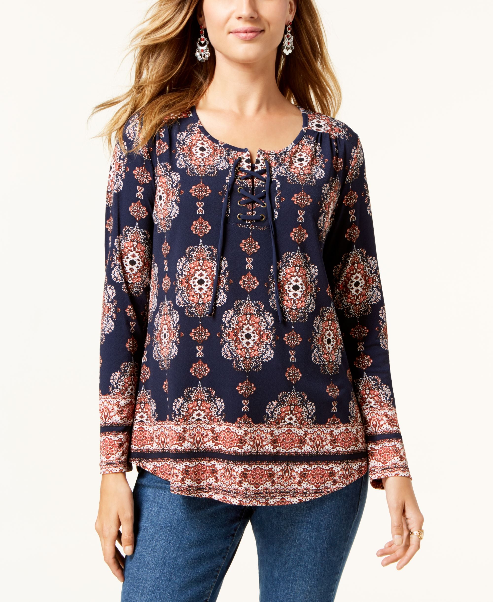 Style & Co Printed Lace Up Top