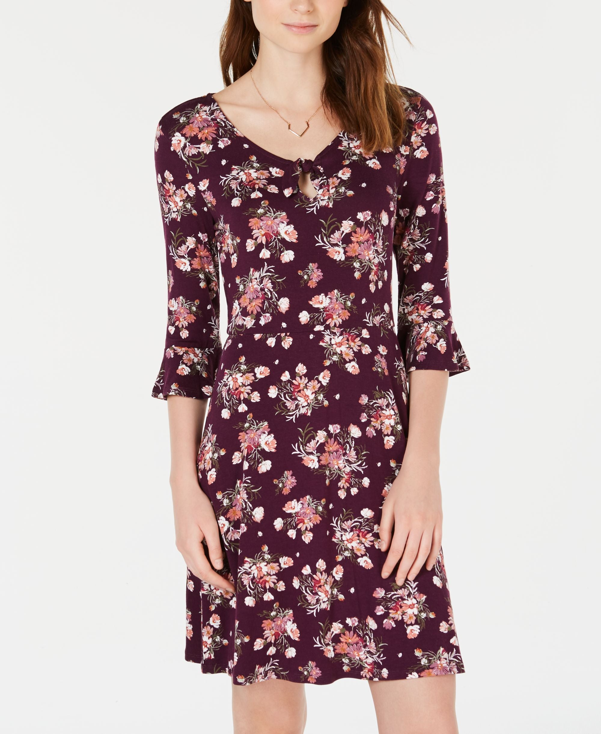 Juniors' Keyhole Printed Bell-Sleeve Dress