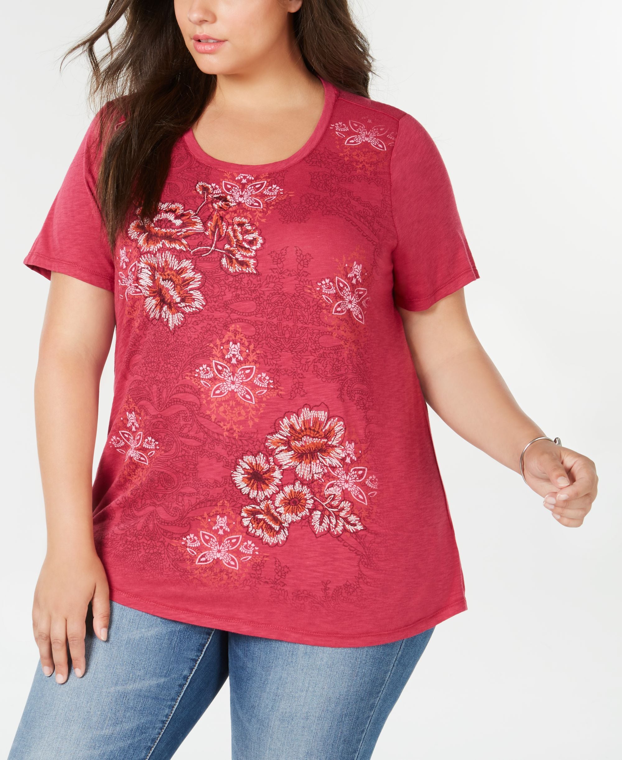 Style & Co Plus Size Floral Print Embroidered Top