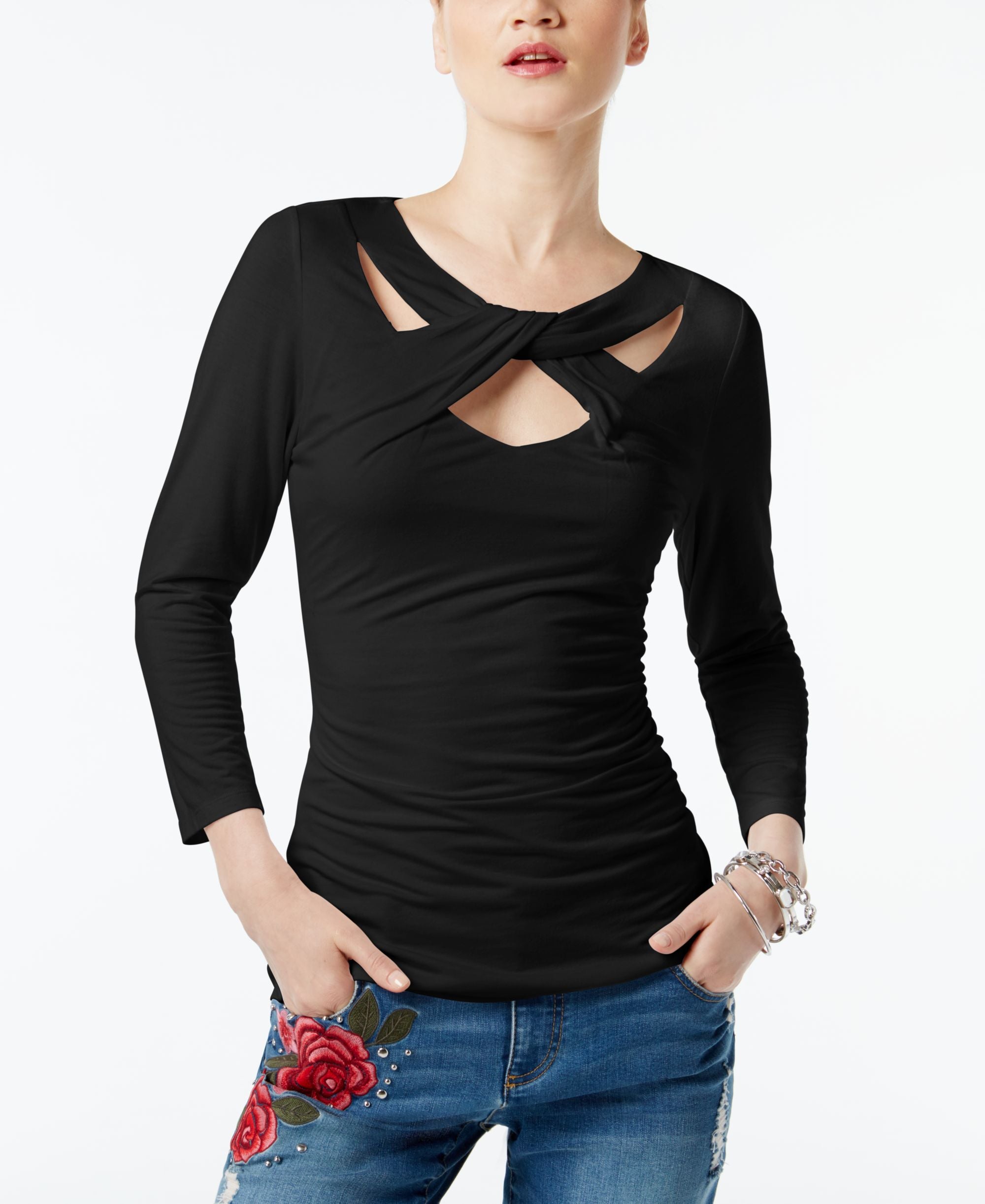 Three Quarter Sleeve Cutout Top Deep Black 2XL