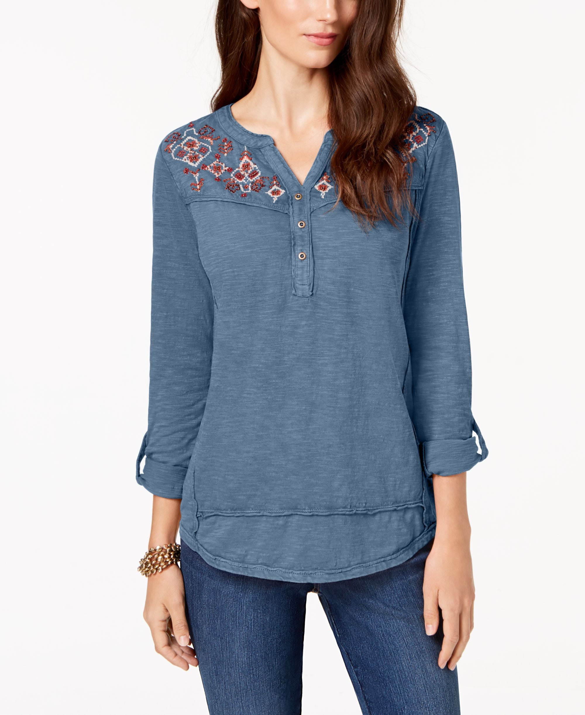 Style & Co Petite Cotton Embroidered Split Neck Top