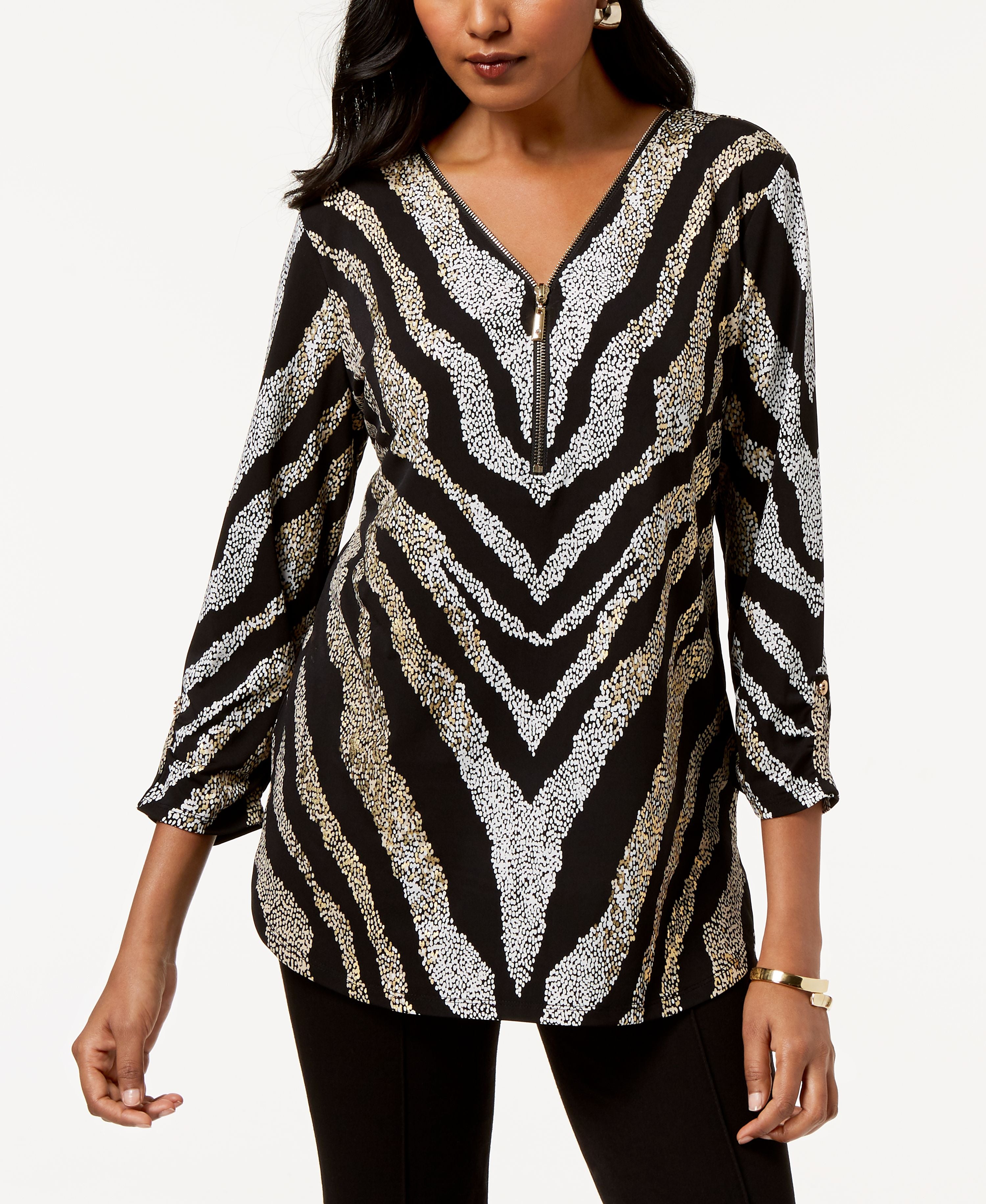 Jm Collection Women Petite 3/4-Sleeve Zip-Front Zebra Top Black Zebra PS