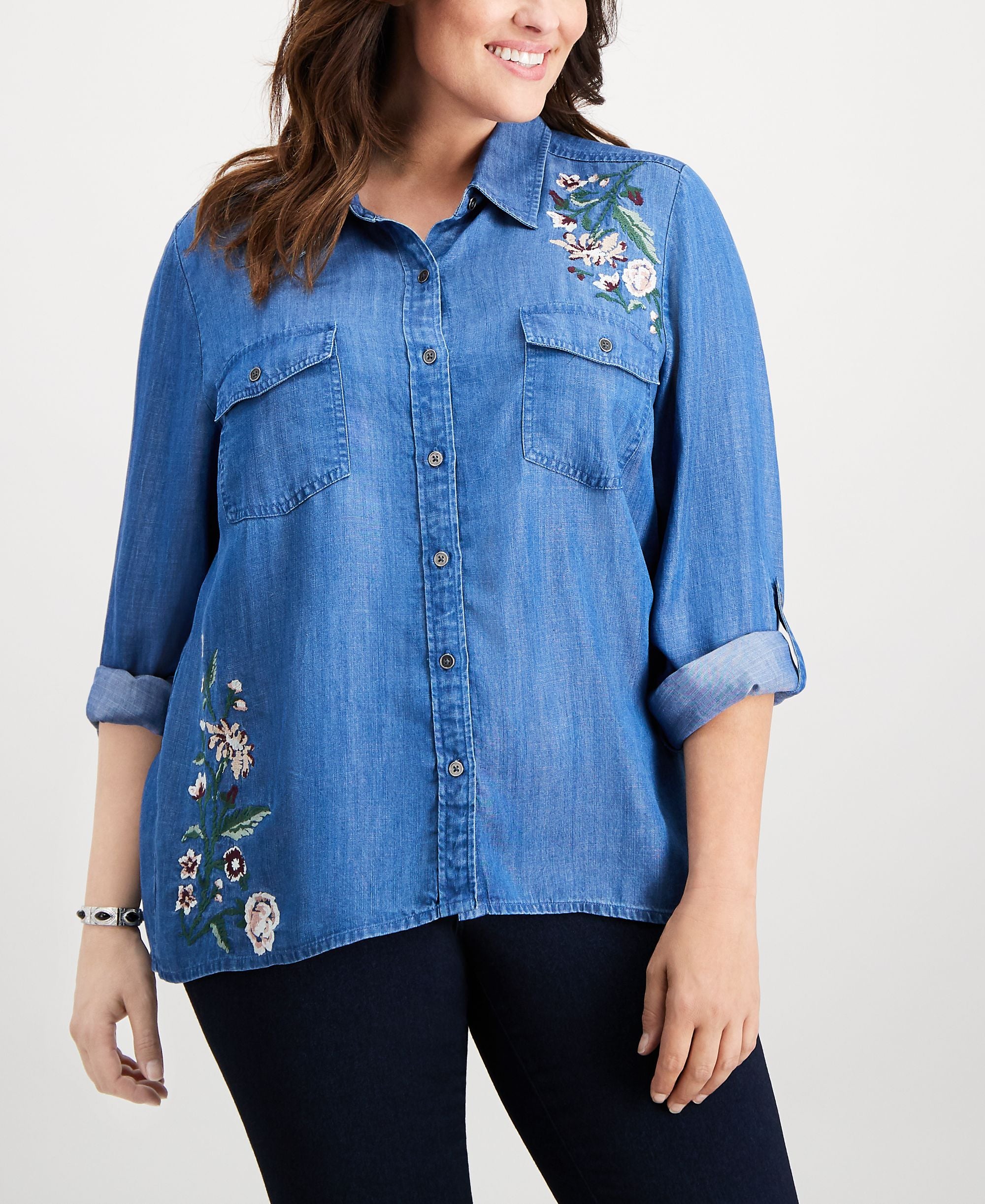Style & Co Plus Size Embroidered Denim Shirt