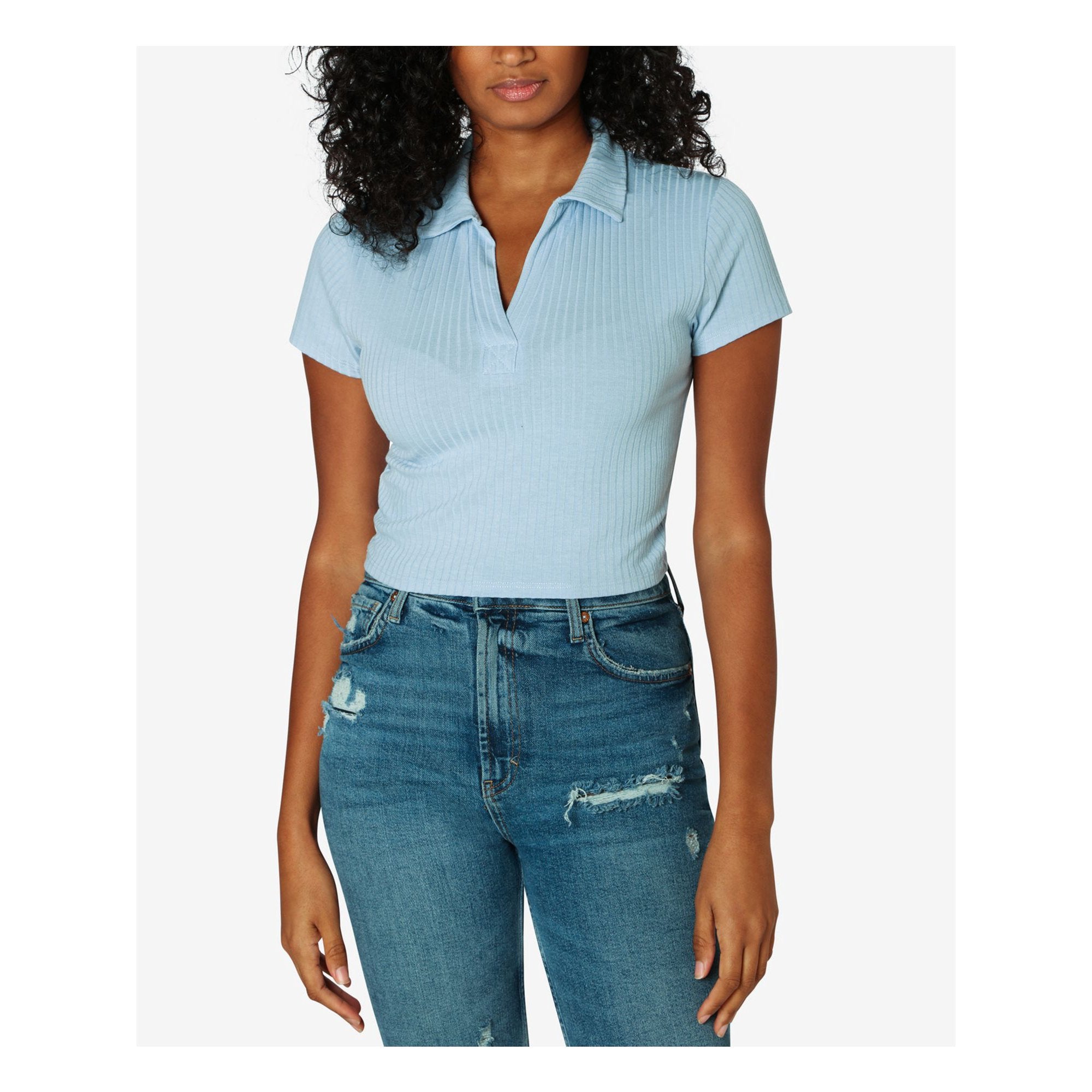 JUST POLLY Womens Light Short Length Short Sleeve Collared Top