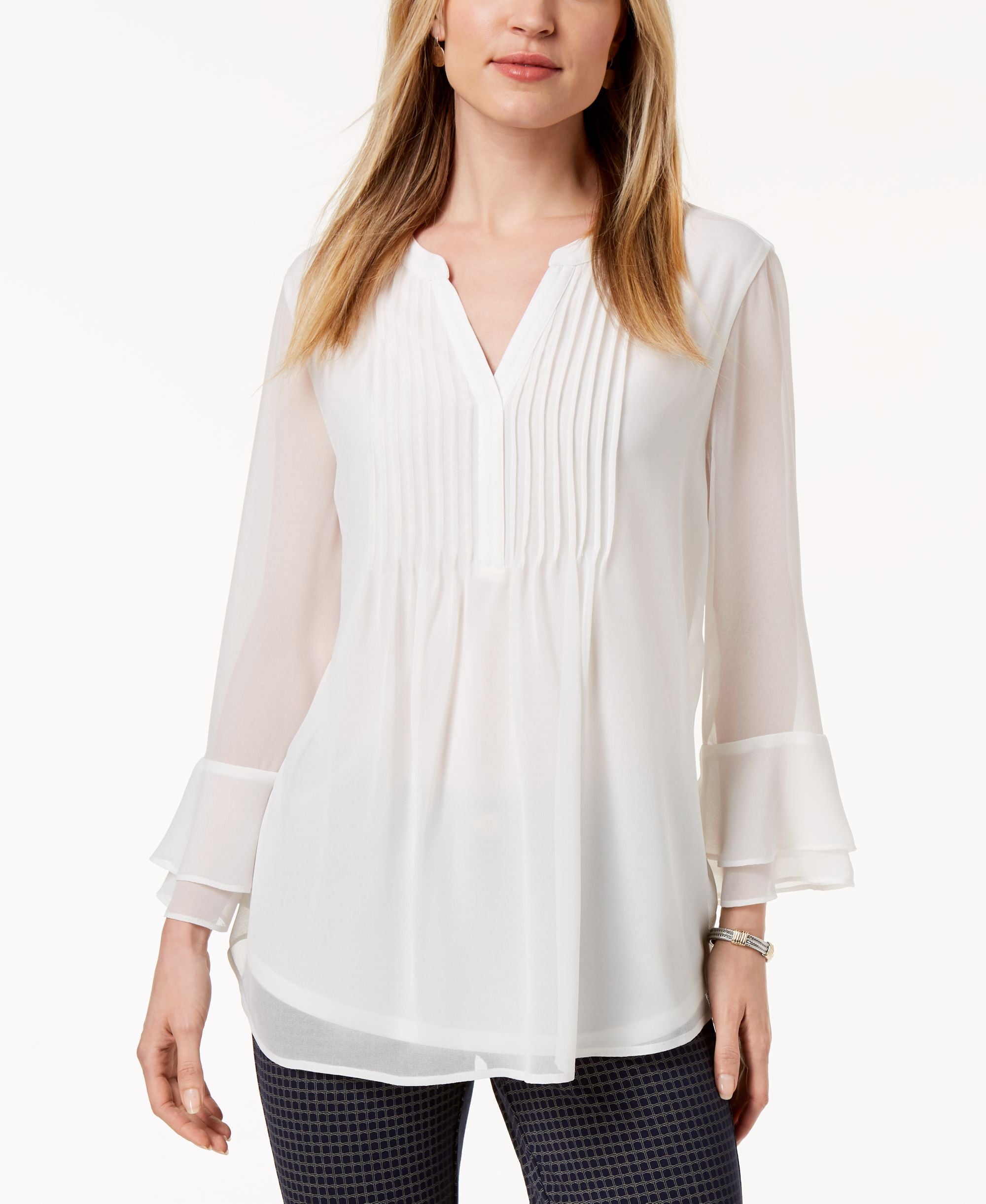 Charter Club Double Ruffle Solid Pintuck Top Cloud XS