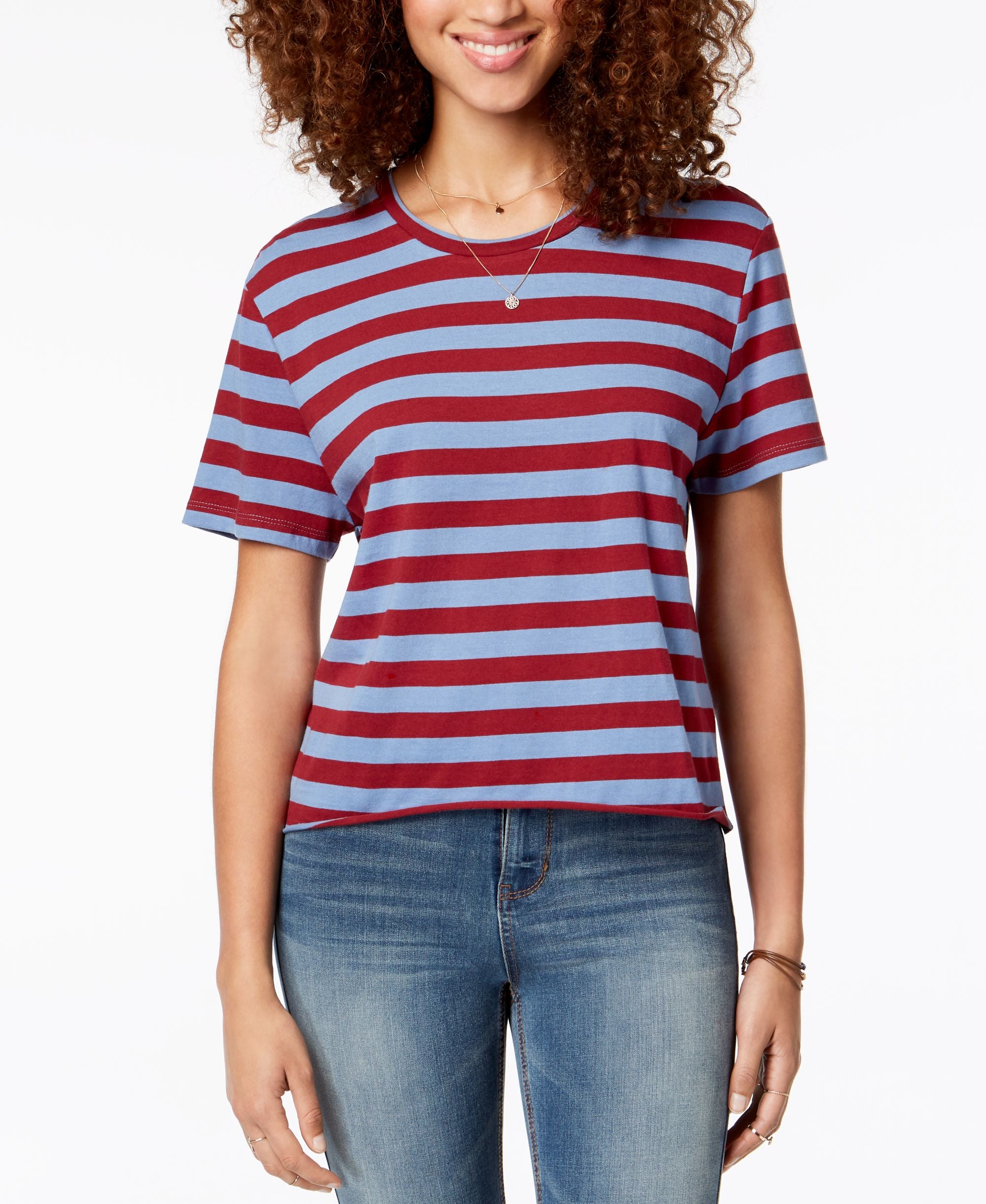 Juniors' Striped Unfinished T-Shirt