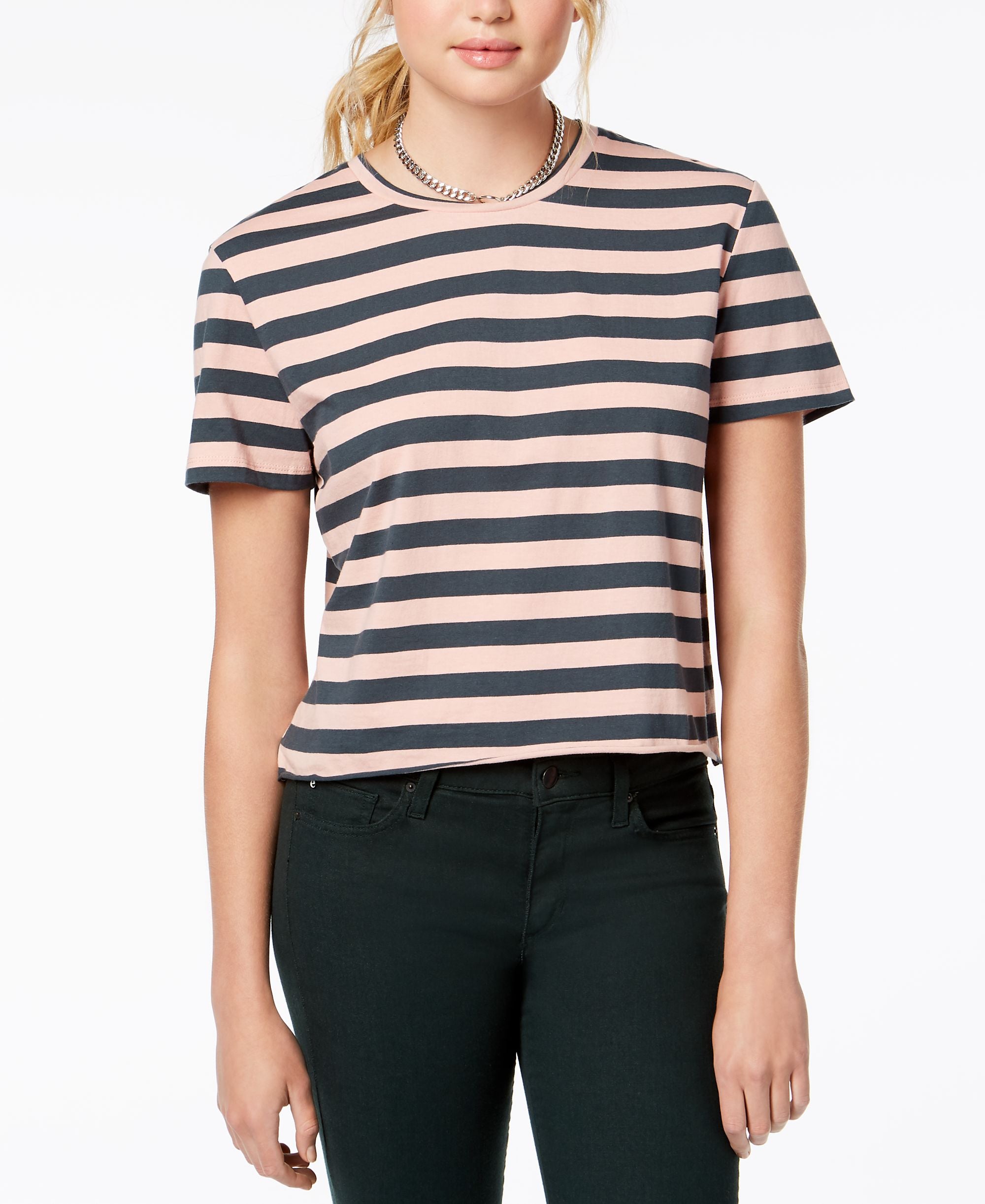 Juniors' Striped Unfinished T-Shirt