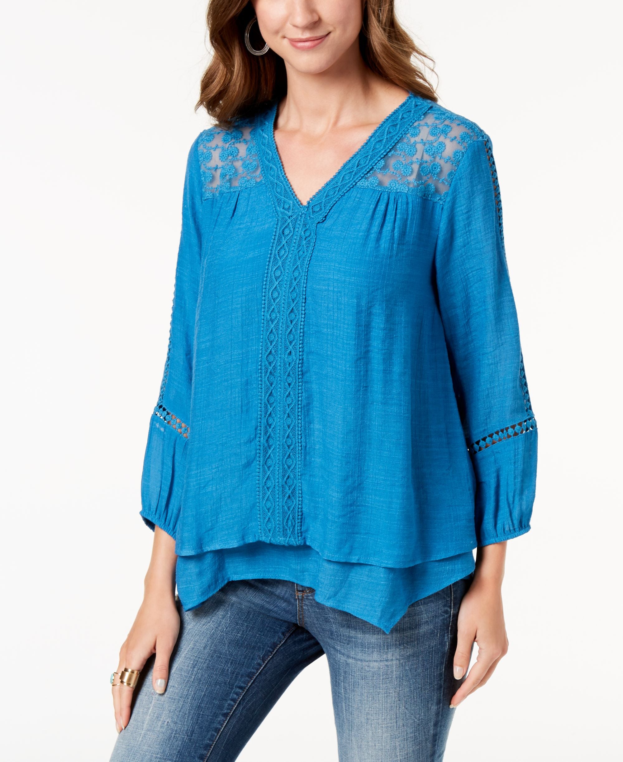 Style & Co Petite Layered Hem Crochet Woven Top