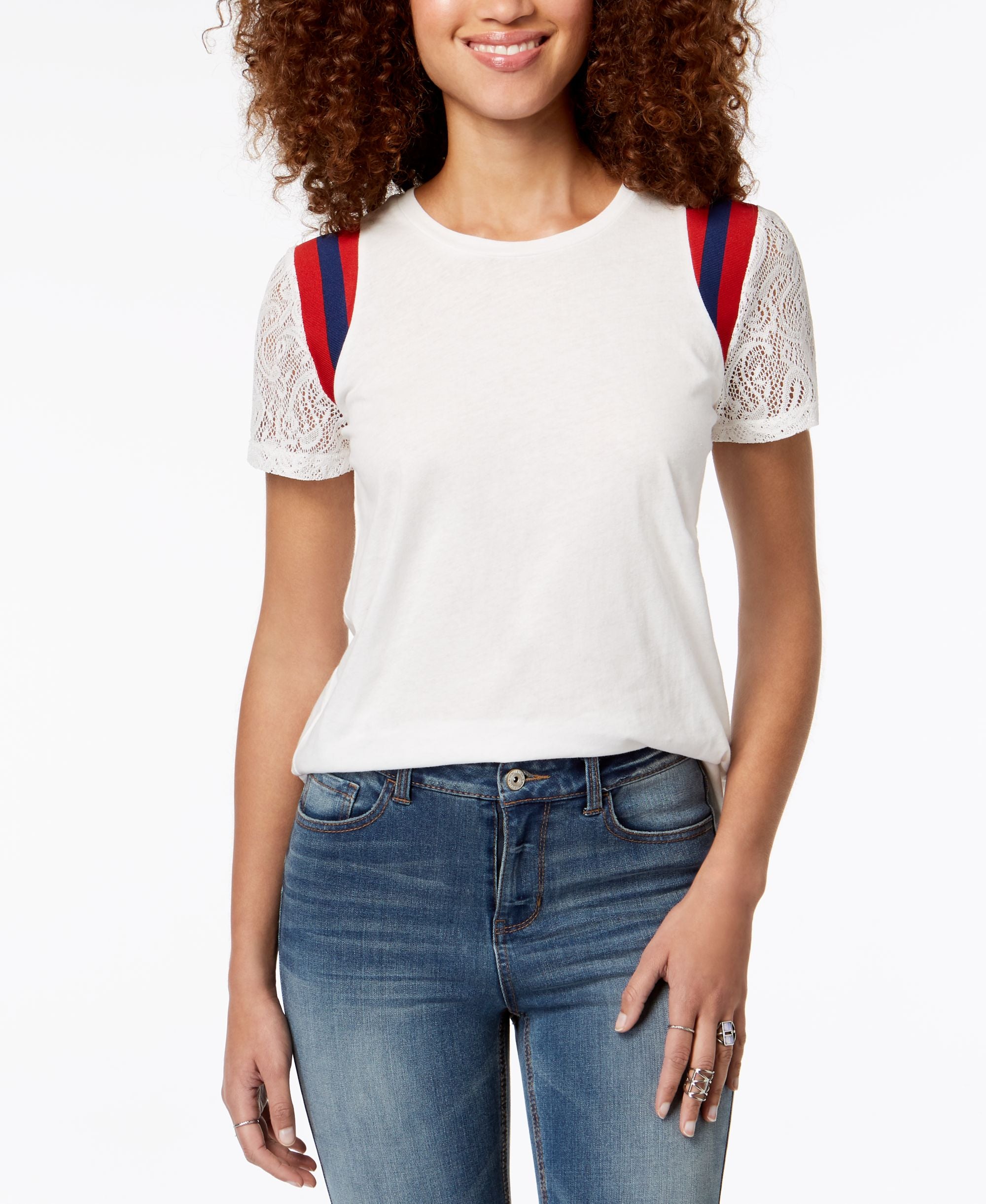 Juniors' Lace-Sleeve Striped-Shoulder Top