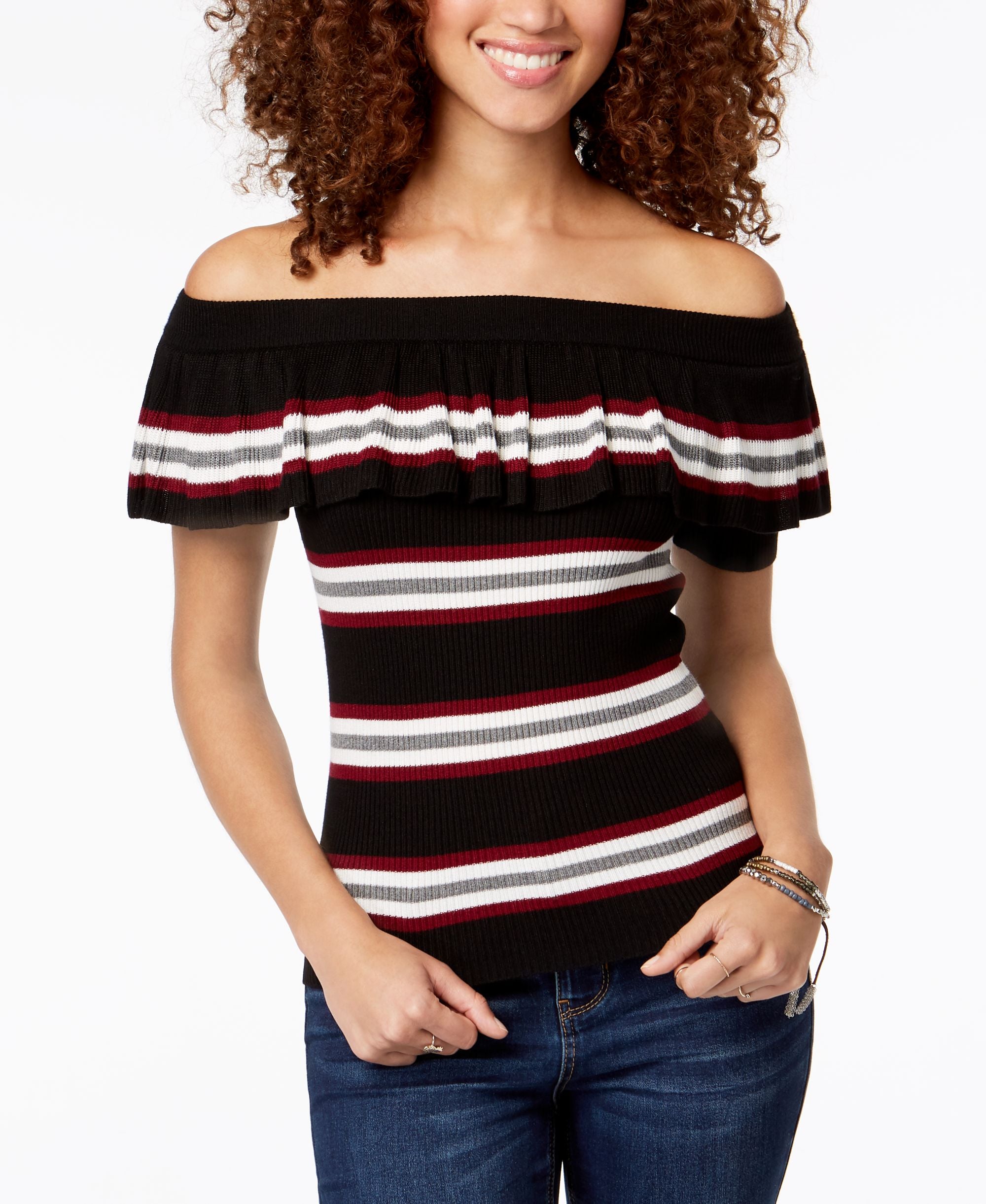 Juniors' Striped Off-The-Shoulder Flounce Sweater