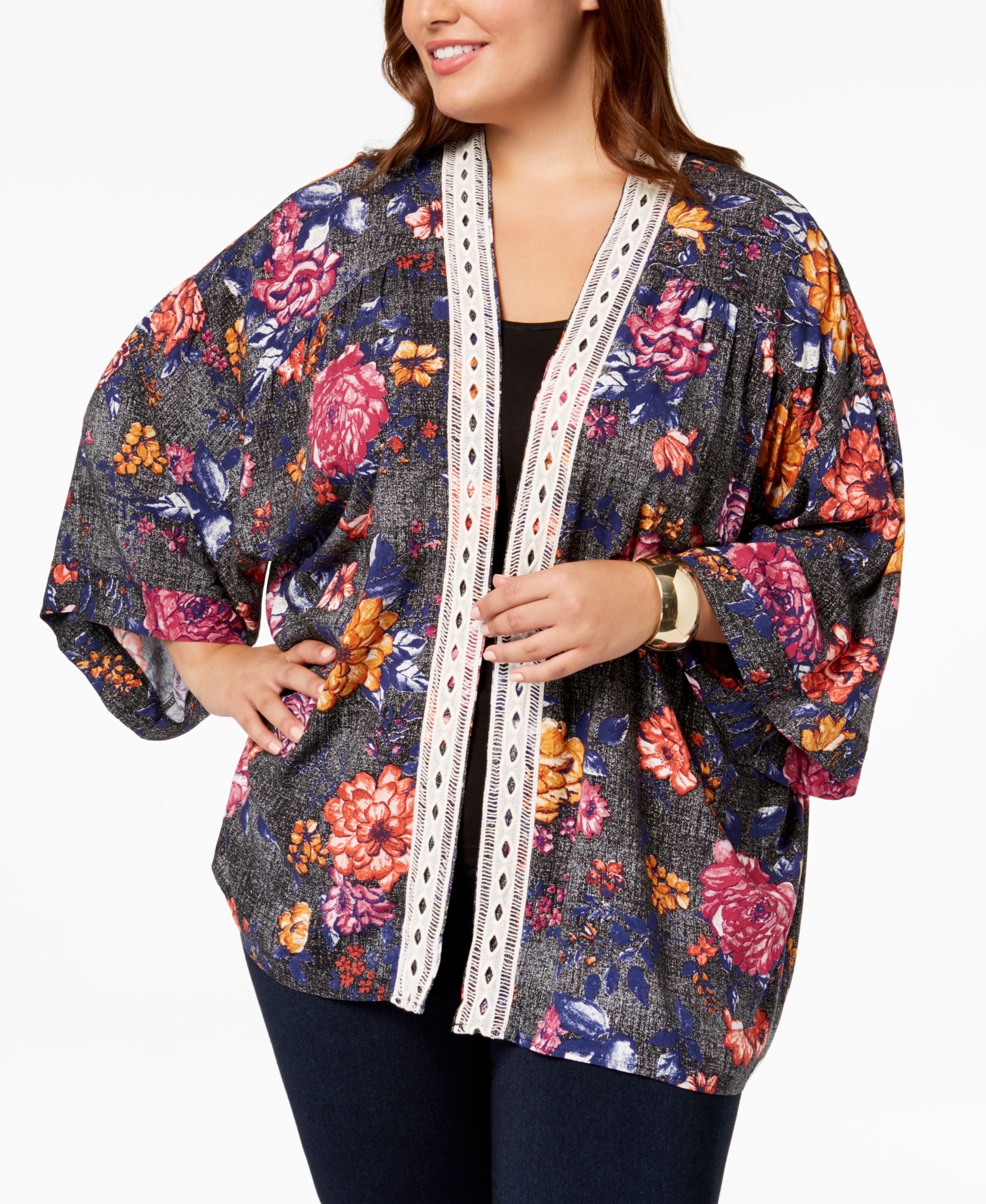 Eyeshadow Trendy Plus Size Lace Trim Kimono