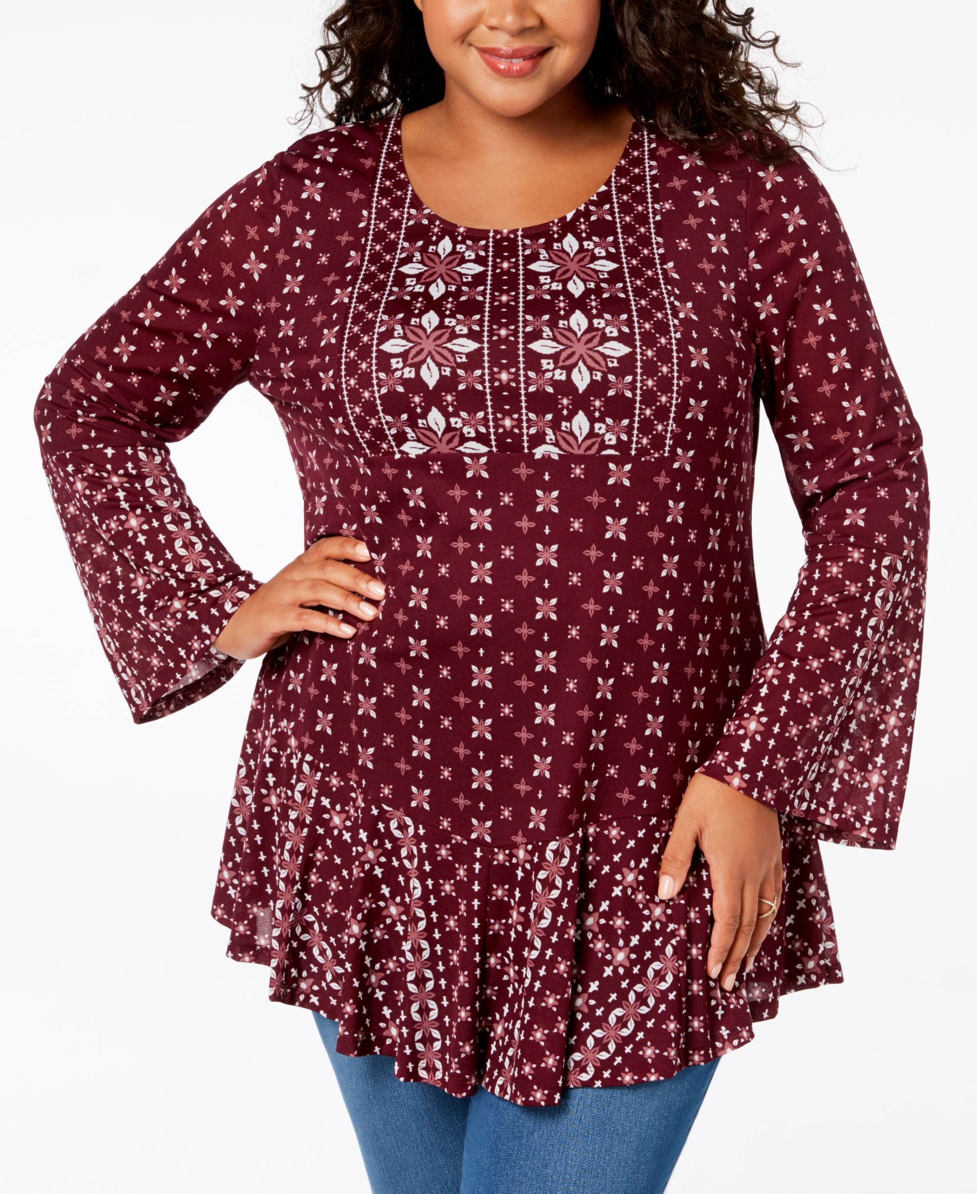 Style & Co Plus Size Mixed Print Flounce Hem Top