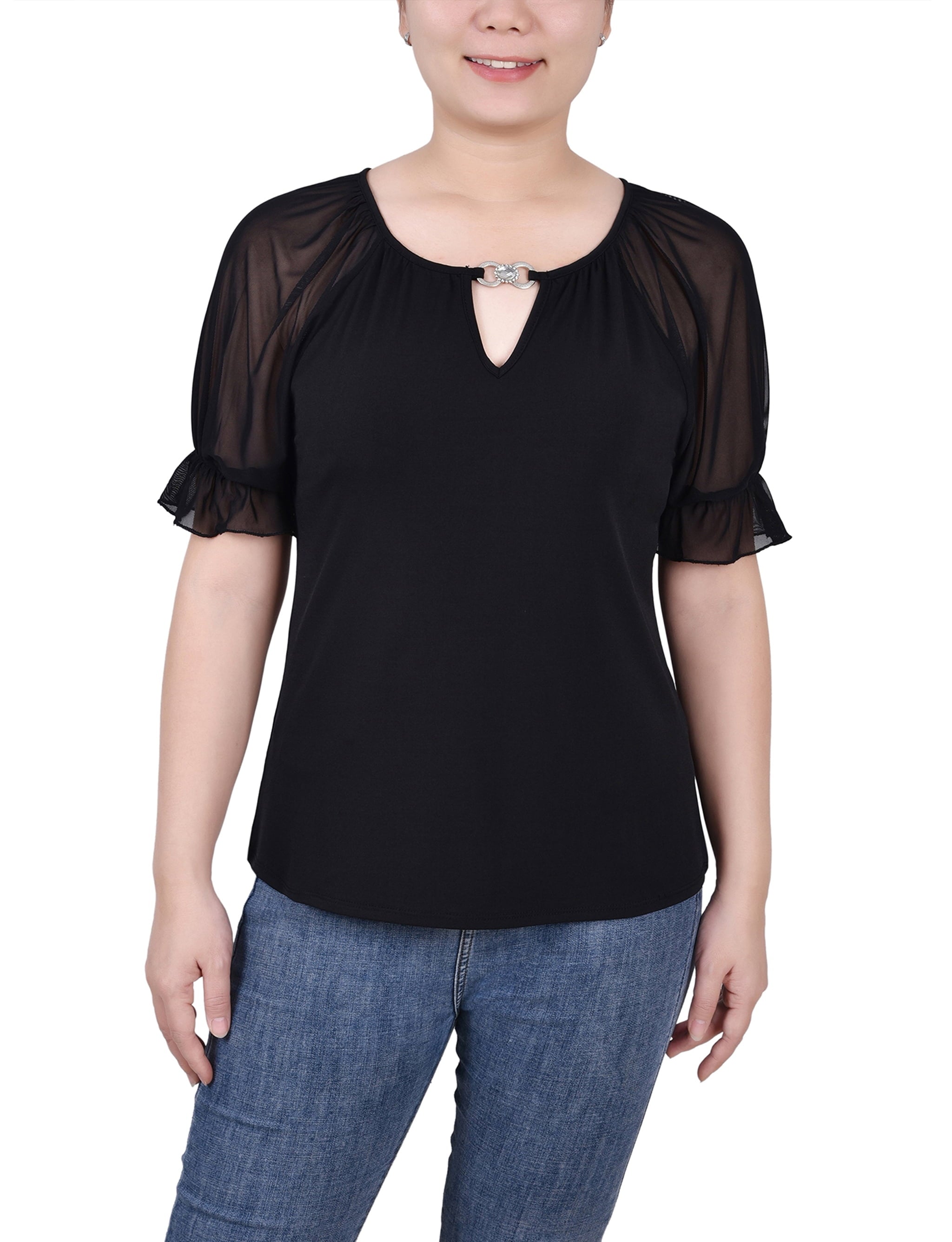 Petite Short Ruffle Sleeve Rhinestones Top