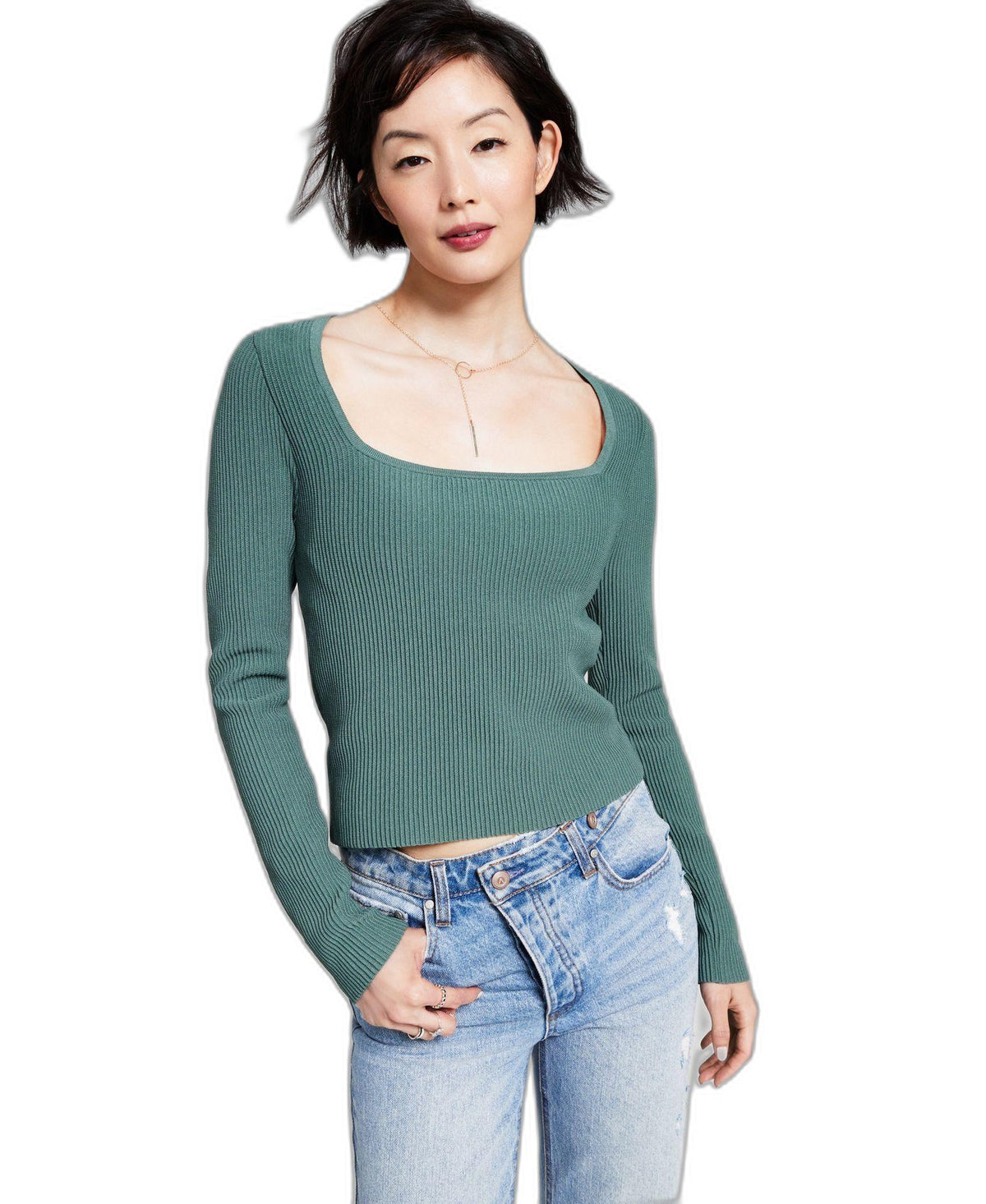 Women's Ottoman Square-Neck Long-Sleeve Top
