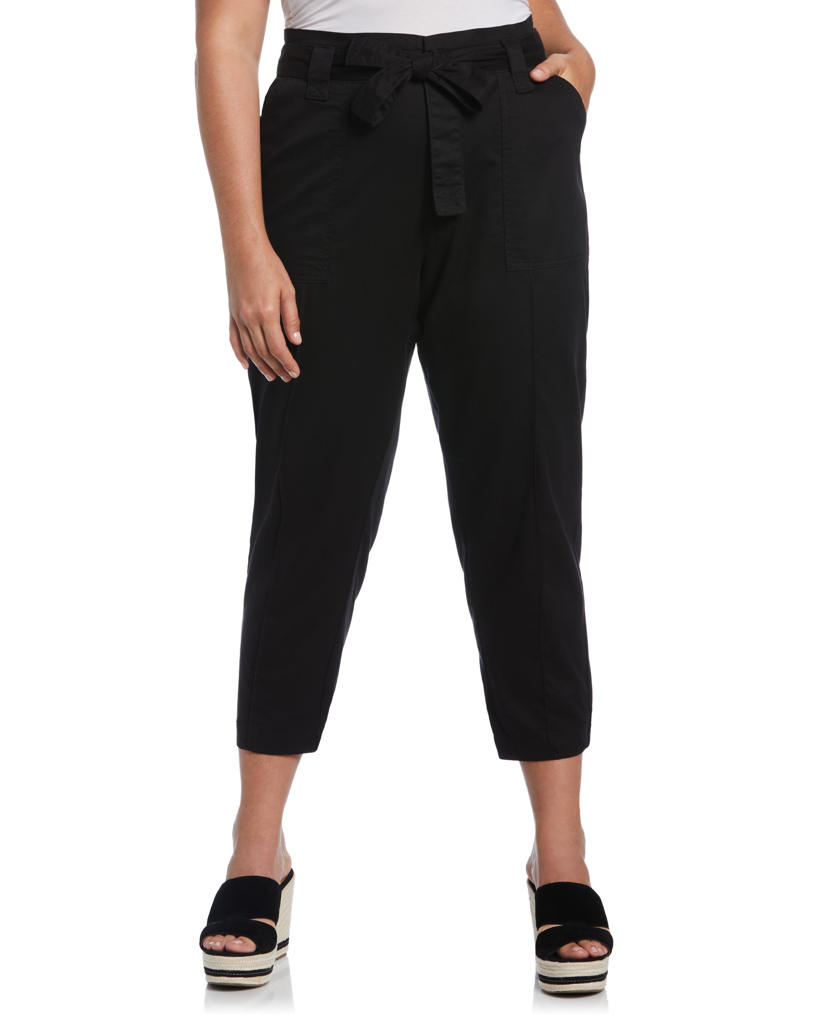Plus Size Twill Crop Pants with Removable Tie Belt
