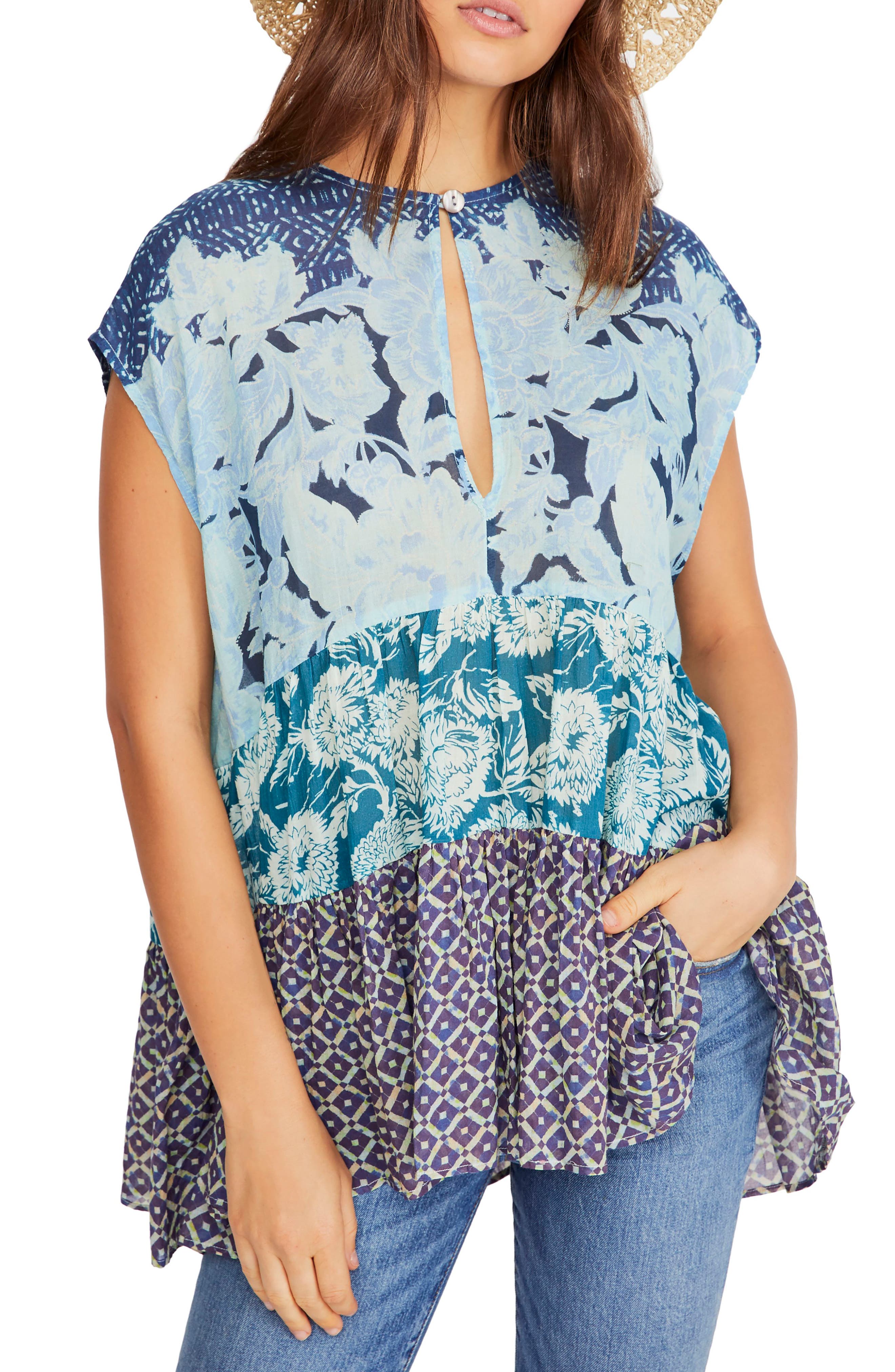 Free People Gotta Have You Cotton Mixed Print Keyhole Top