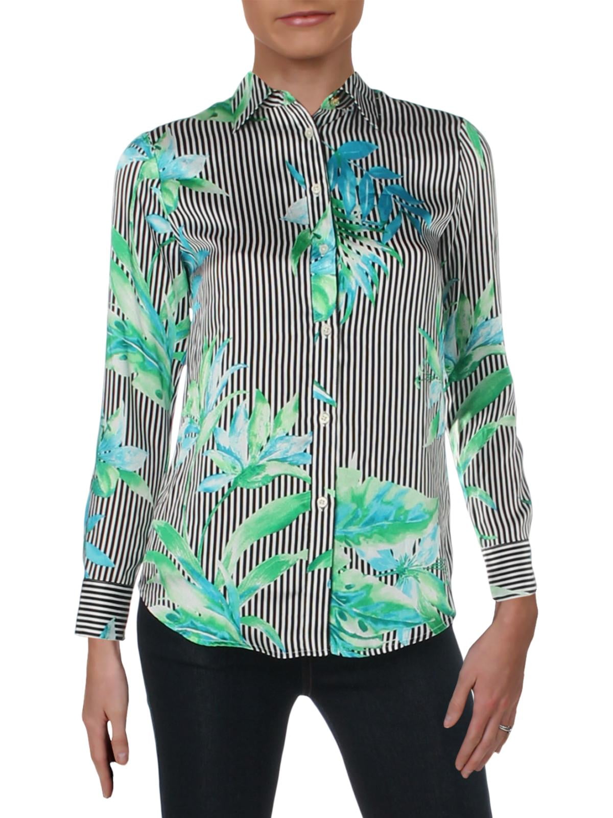 Lauren Ralph Lauren Womens Petites Floral Striped Button-Down Top