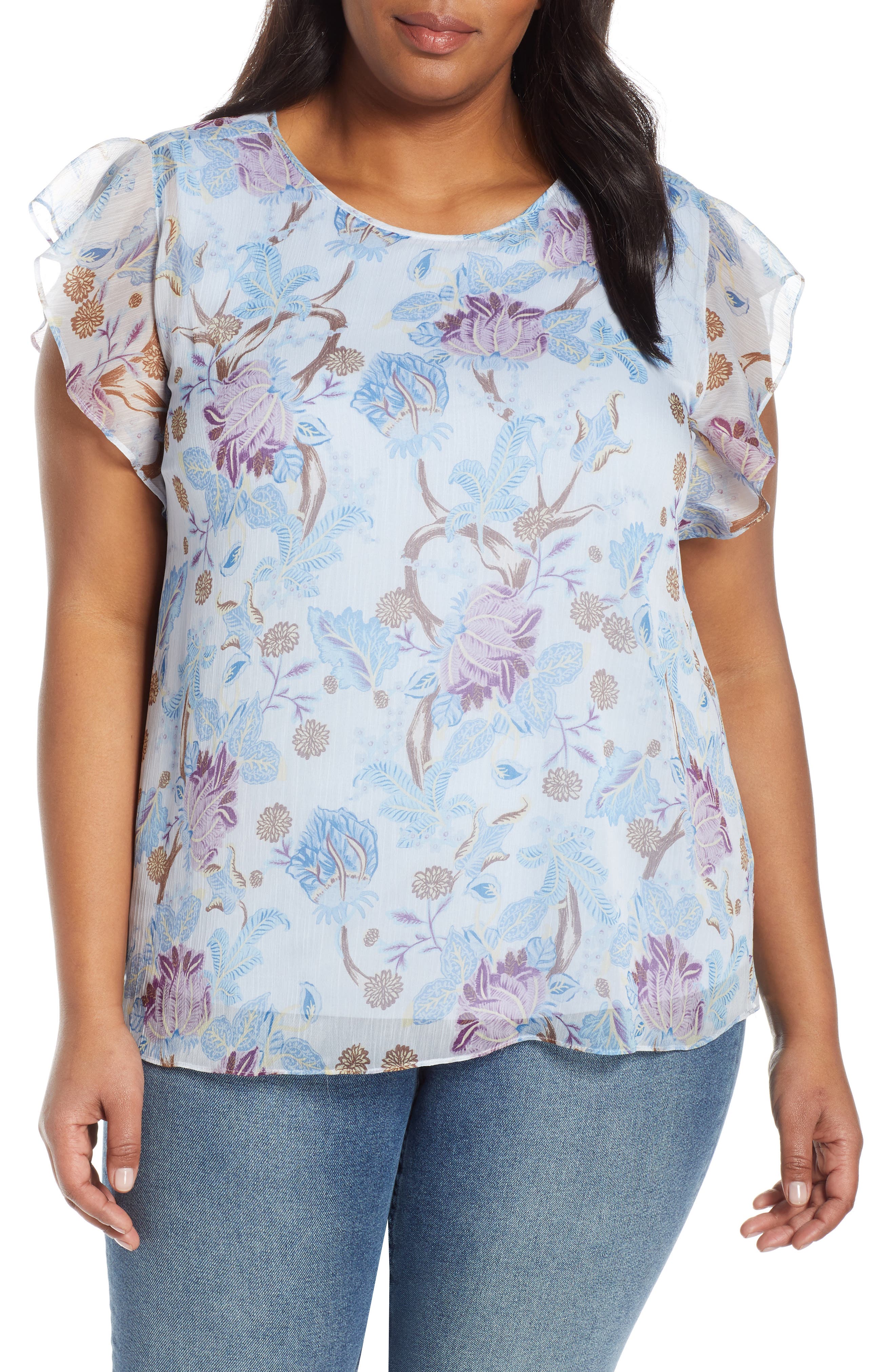 Vince Camuto Womens  Ruffled  Short Sleeve Jewel Neck Top Light Blue Floral 3X