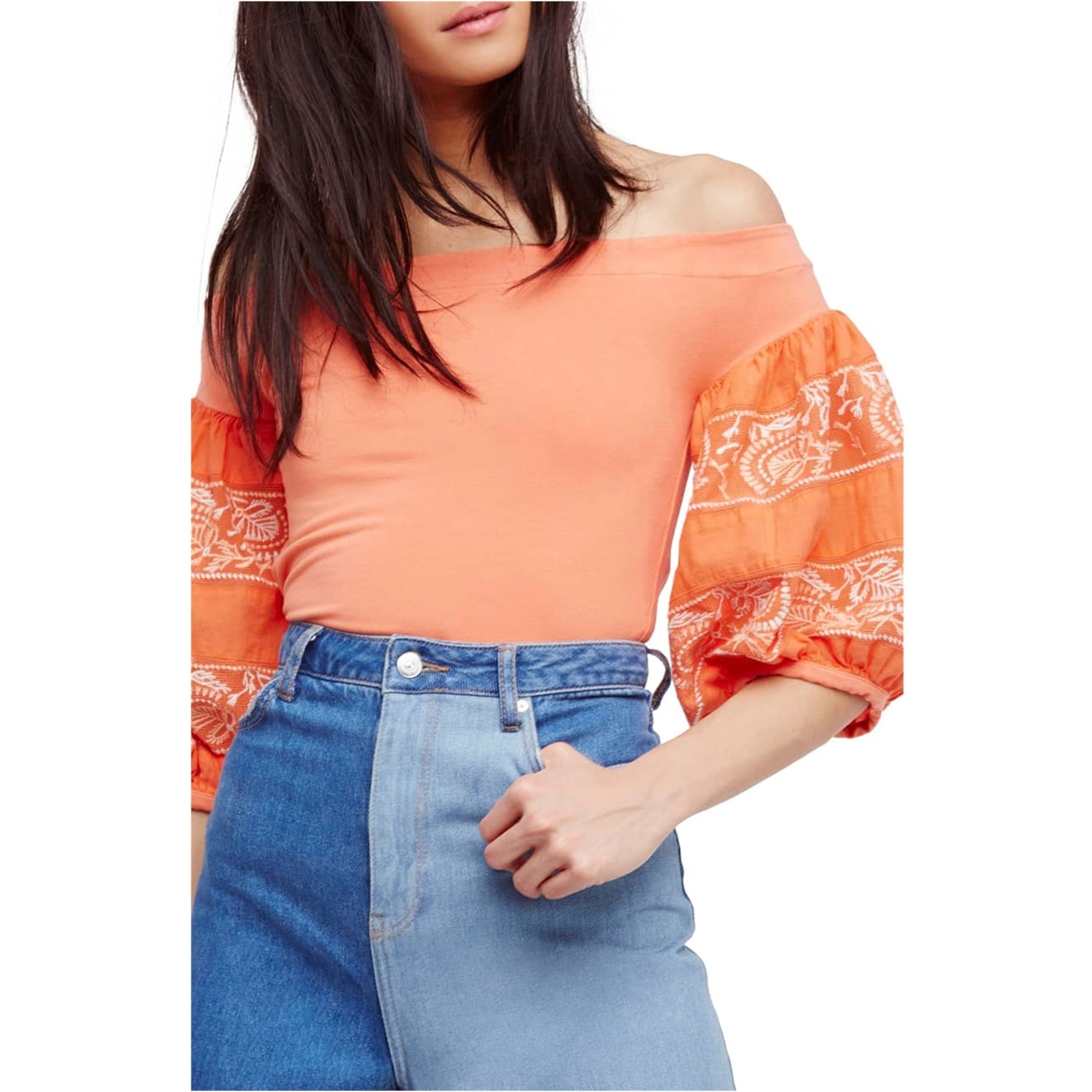 Free People Womens Rock with It Embroidered Knit Blouse, Orange, X-Small