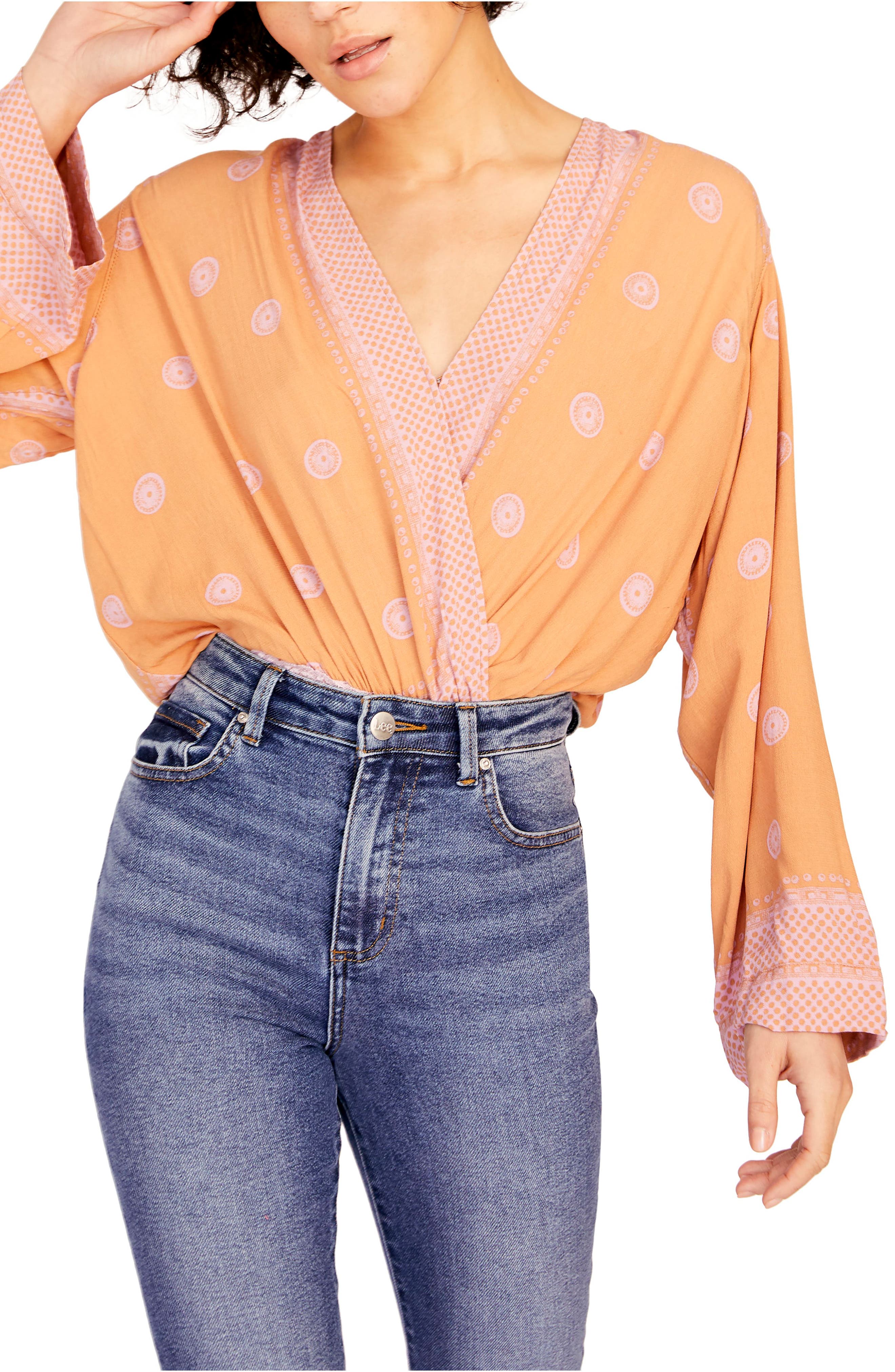 Free People Printed Plunging Bell Sleeve Bodysuit