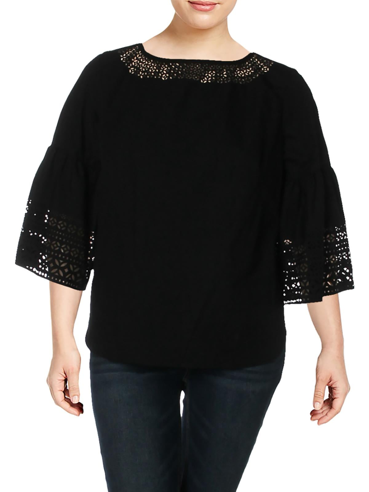 LAUREN RALPH LAUREN Womens Plus Poplin Bell Sleeves Blouse