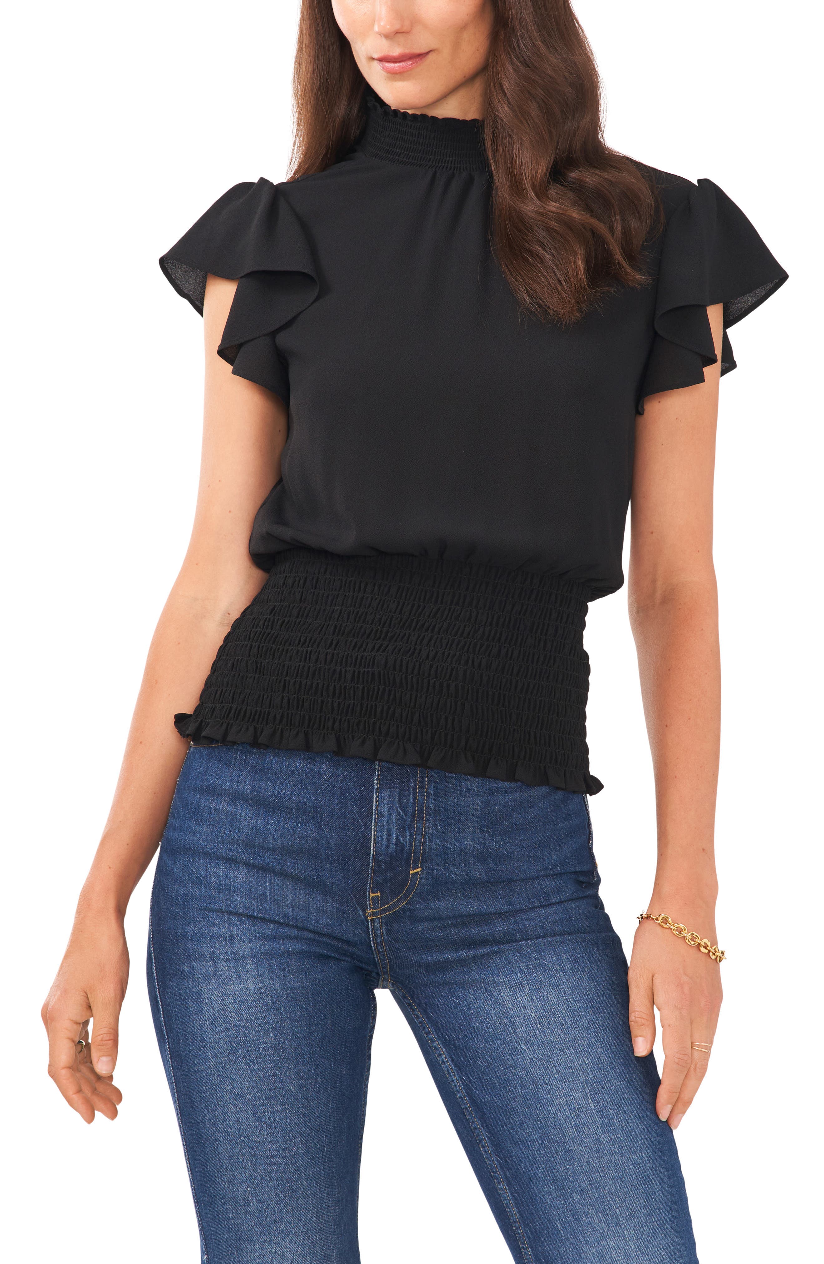 1.STATE Flutter Sleeve Smocked Blouse