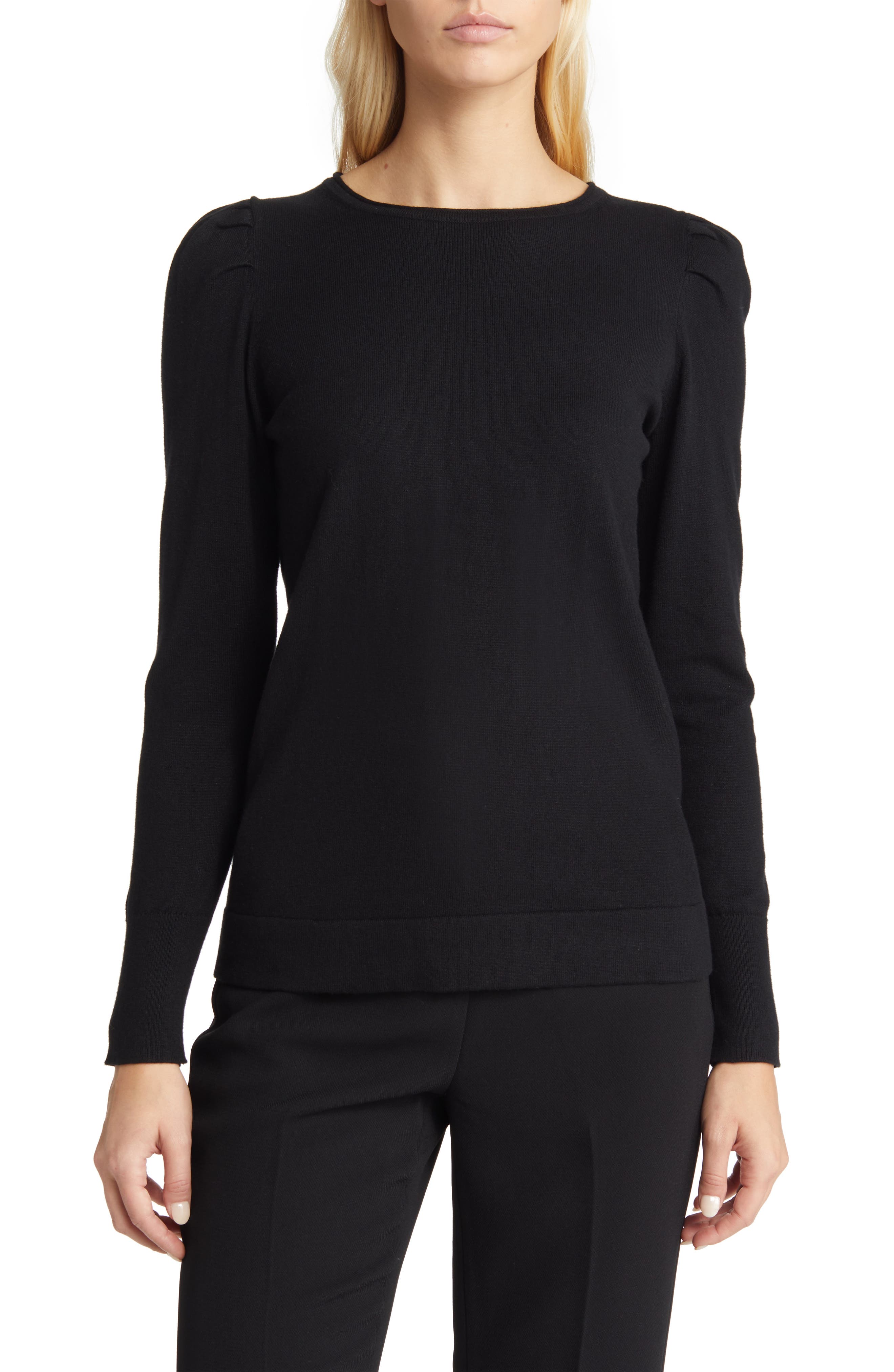Anne Klein Tuck Shoulder Cotton & Cashmere Crewneck Sweater in Anne Black