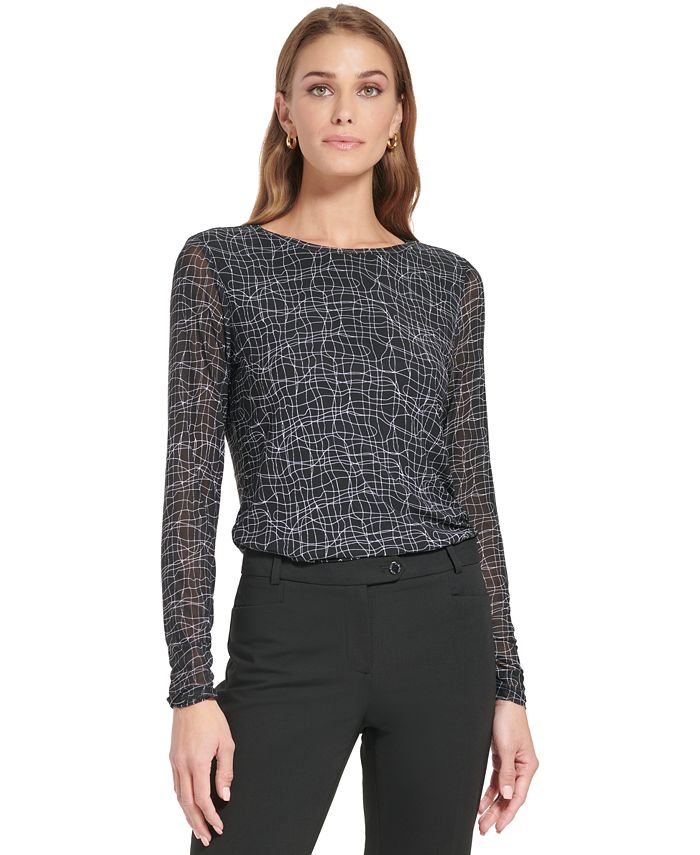 Calvin Klein Women s Long Sleeve Printed Mesh Top Black/Cream M