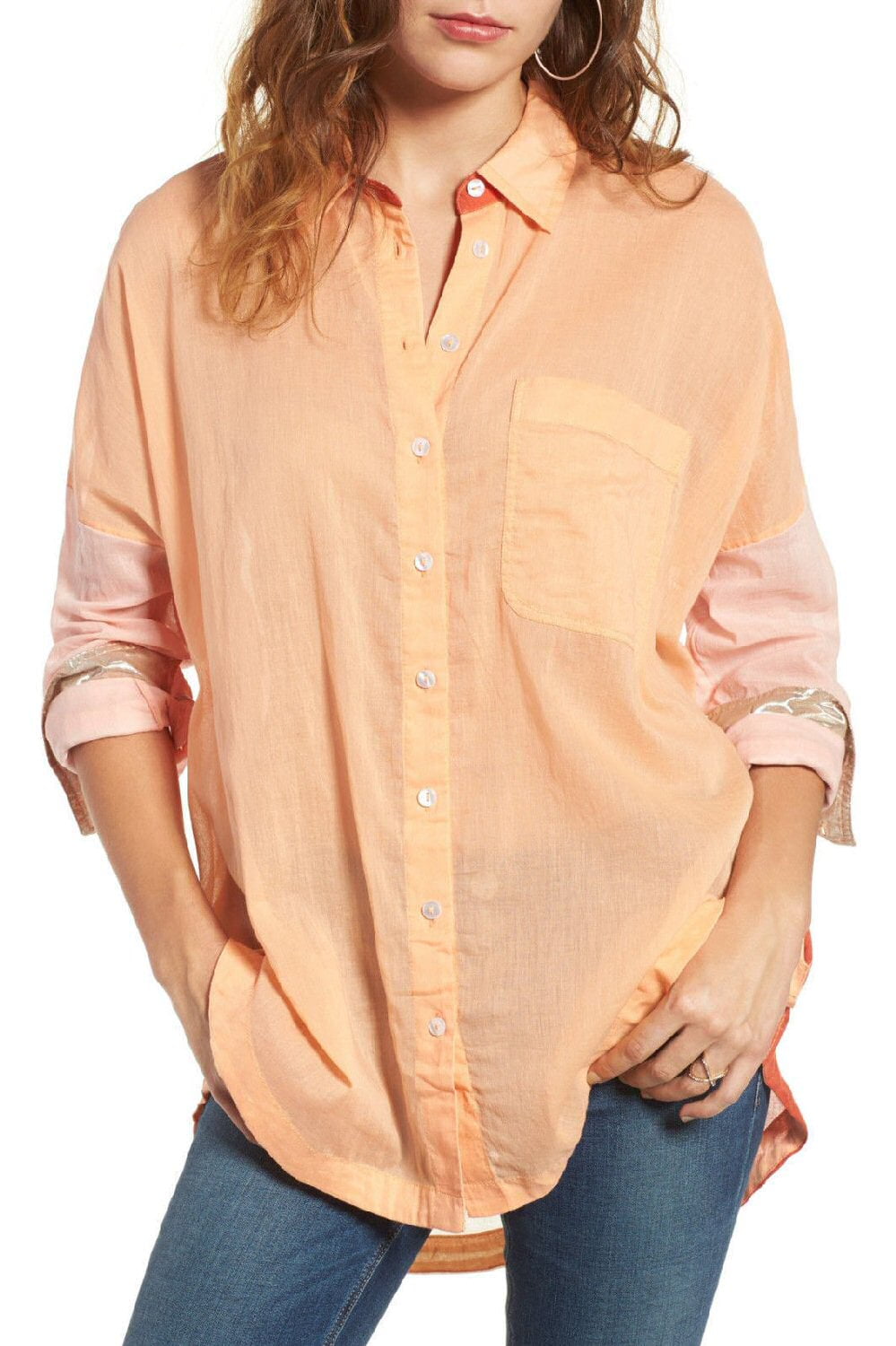 Free People Womens Colorblock Long Sleeves Button-Down Top