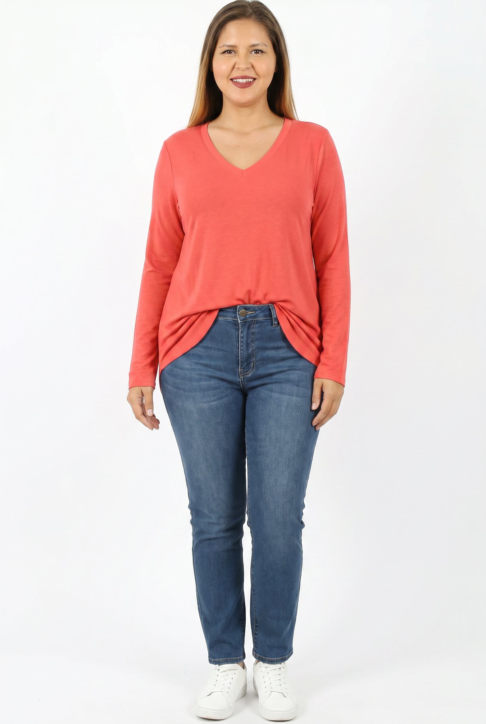 Premium V-Neck Round Hem Long Sleeve Plus Size Top