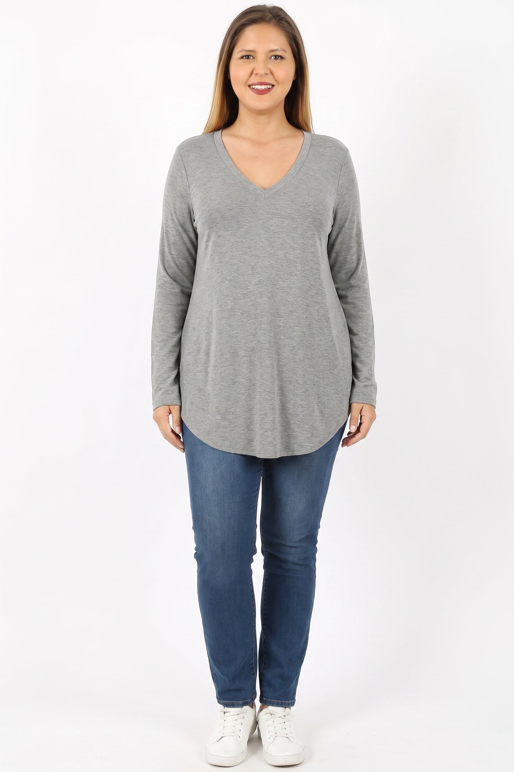 Premium V-Neck Round Hem Long Sleeve Plus Size Top