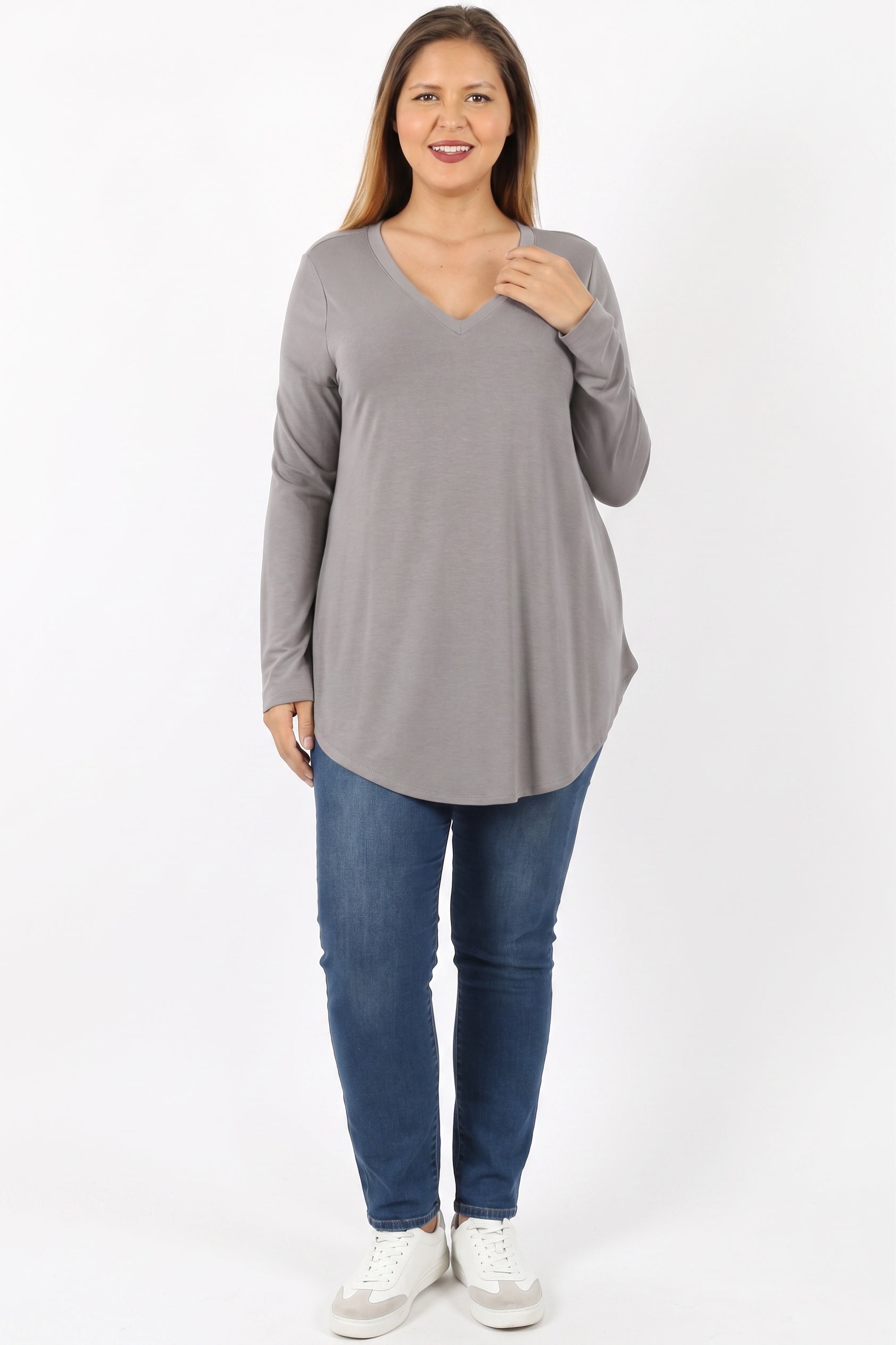 Premium V-Neck Round Hem Long Sleeve Plus Size Top