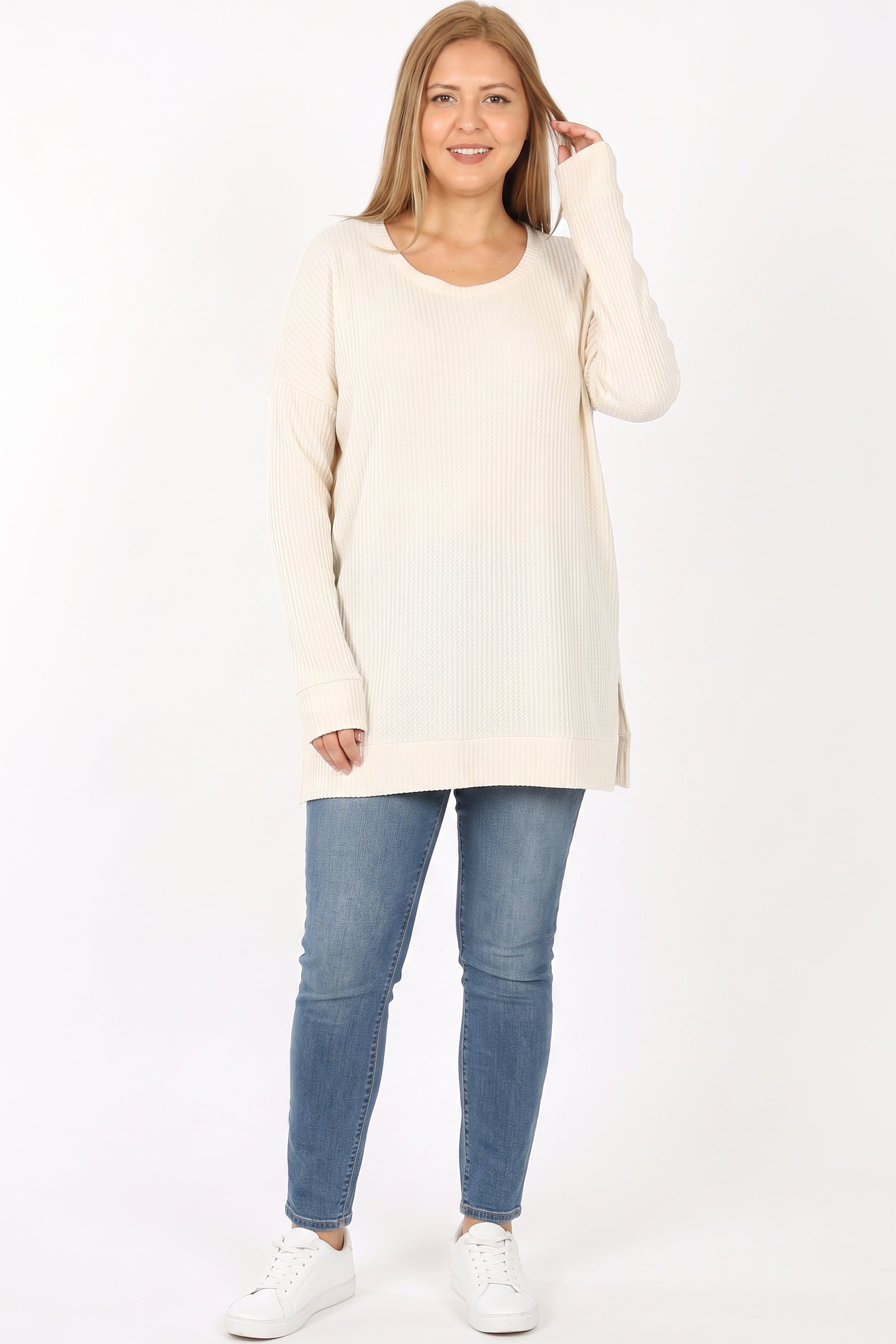 Brushed Thermal Waffle Knit Round Neck Plus Size Sweater