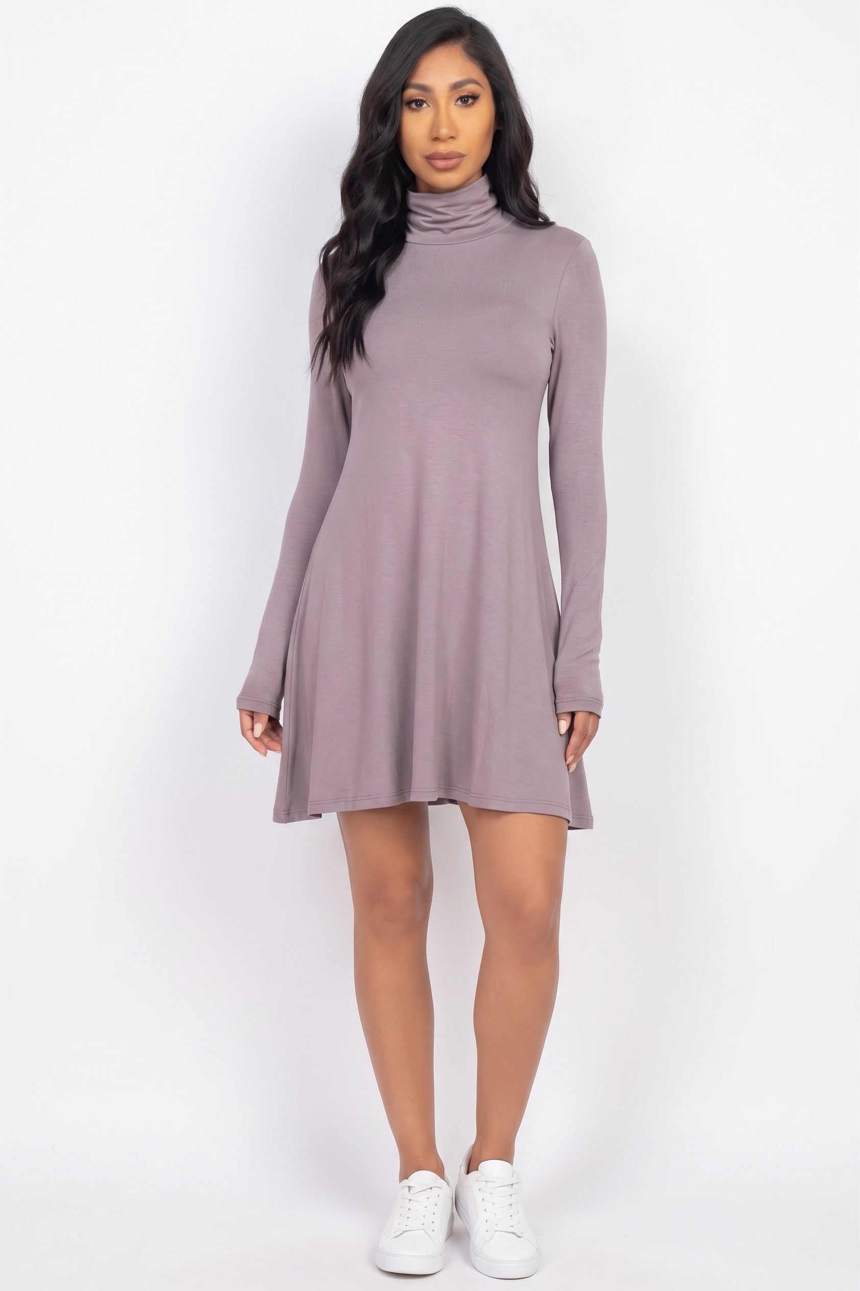 Long Sleeve Mock Neck Flare Mini Dress