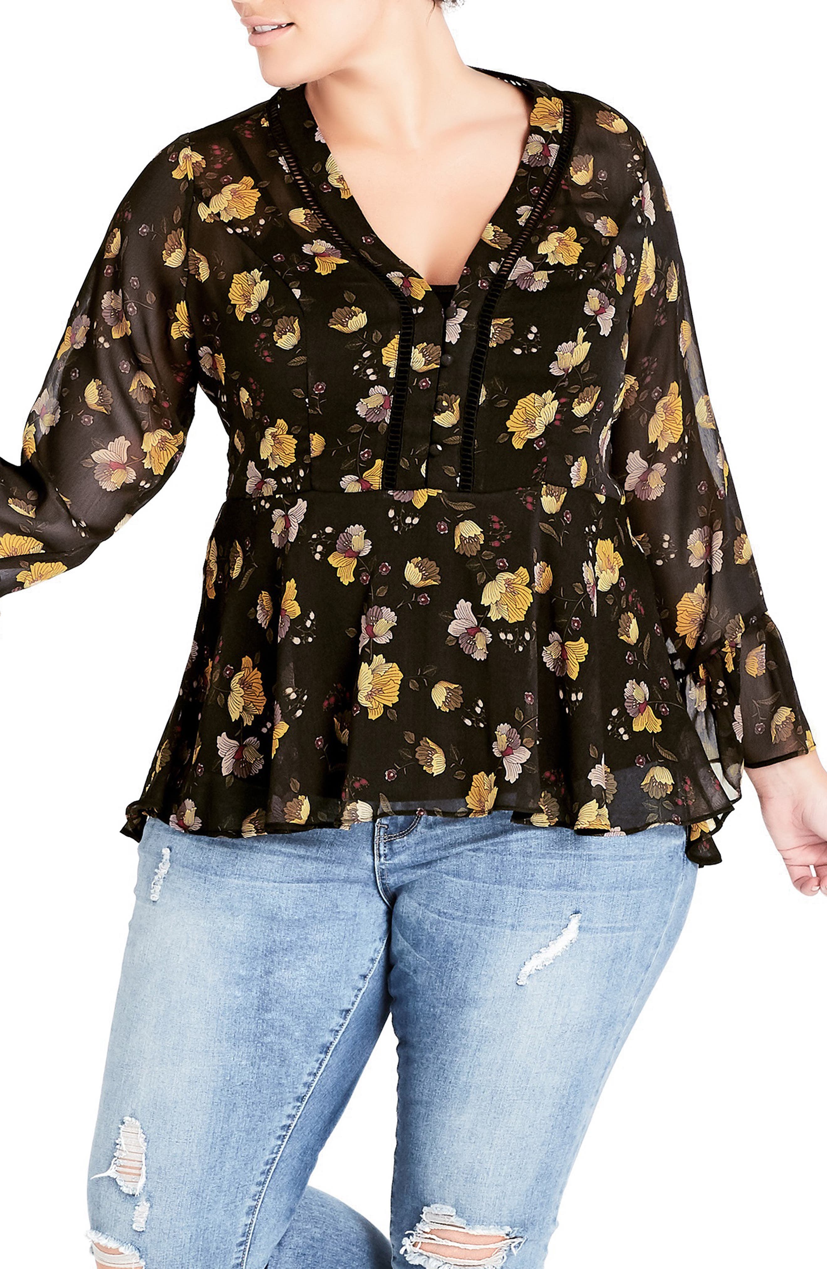 City Chic Trendy Plus Size Sheer Floral Print Tunic Top