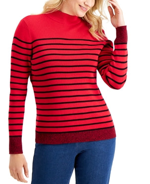 Model posing in red striped Karen Scott Outlet clothing.