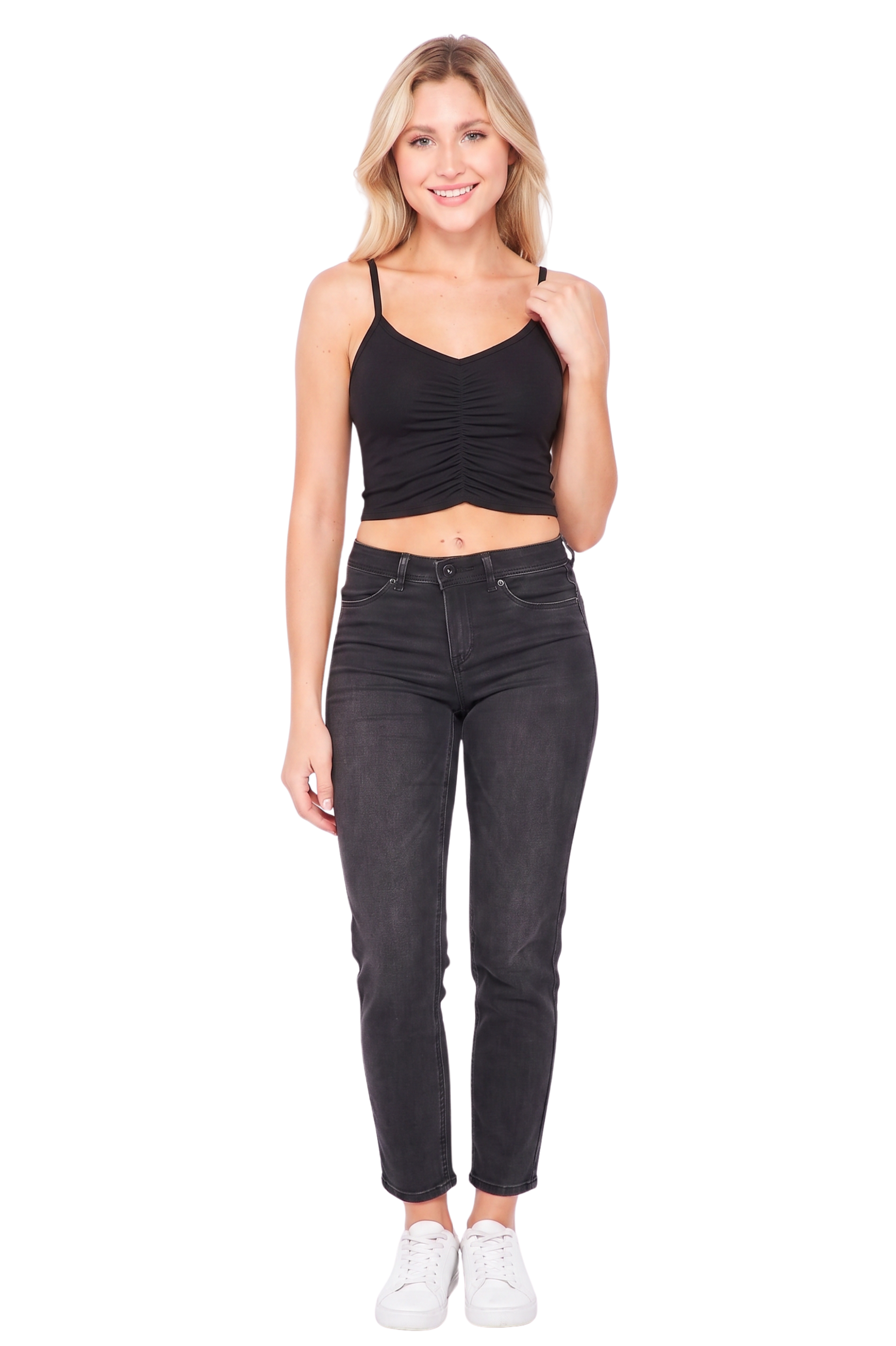 Solid Ruched Ribbed Cotton Spaghetti Strap Cropped Camisole